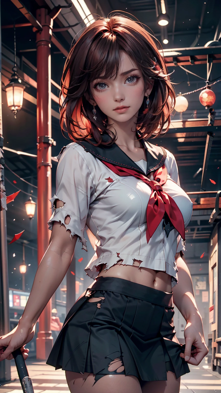 Masterpiece, ultra detail, high quality, 8k cg, blush, bright eyes, standing, outdoors, smile, (night:1.5), slim body, narrow waist, huge breast,akame \(akame ga kill!\), black collared shirt, red necktie, sleeveless, skirt, armpit poses, cleavage