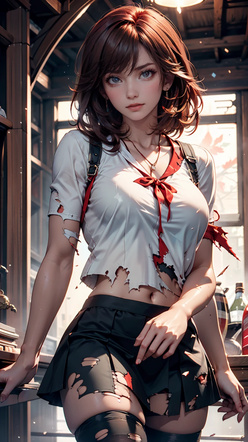 beautiful, masterpiece, Highest quality, Highly detailed face, Perfect lighting,One girl, alone, matoi ryuuko, Seraph of the Black, Black Skirt, Redhead, senketsu, Torn clothes, Underbust
