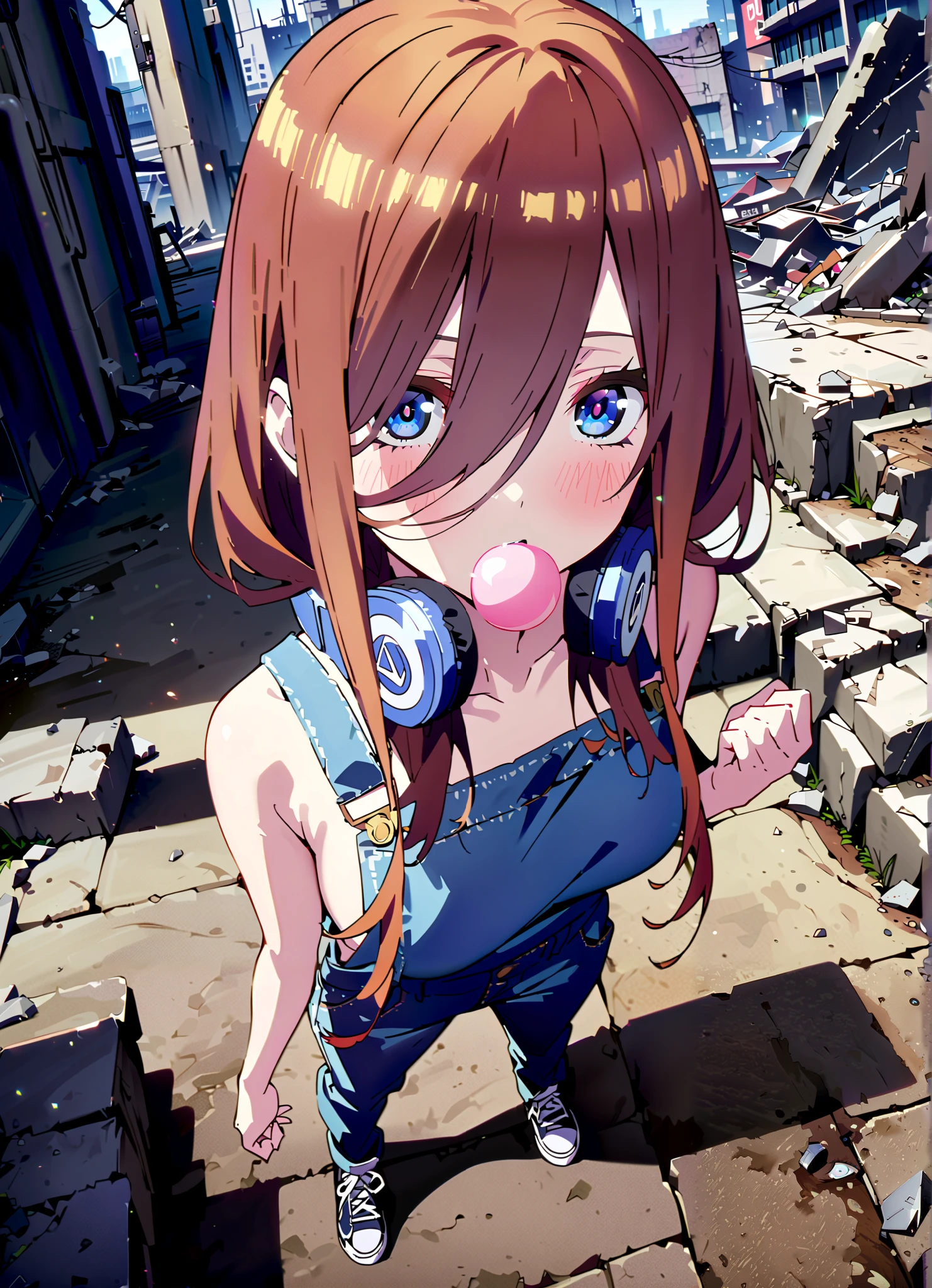 score_9, score_8_up, score_7_up, source_anime, Nakano Future, long hair, bangs, blue eyes, brown hair, o, headphones , headphones around neck, Big Breasts,sideboom,naked overalls, denim jeans,Sneakers,standing,Blowing bubble gum,rubble,full bodyがillustrationsに入るように, break outdoors,ruins,
break looking at viewer,full body,
break (masterpiece:1.2), Best Quality, Hi-Res, Unity 8K Wallpaper , (illustrations:0.8), (Beautiful Detailed Eyes:1.6), very detailed face, perfect lighting, highly detailed CG, (perfect hand, perfect anatomy),
