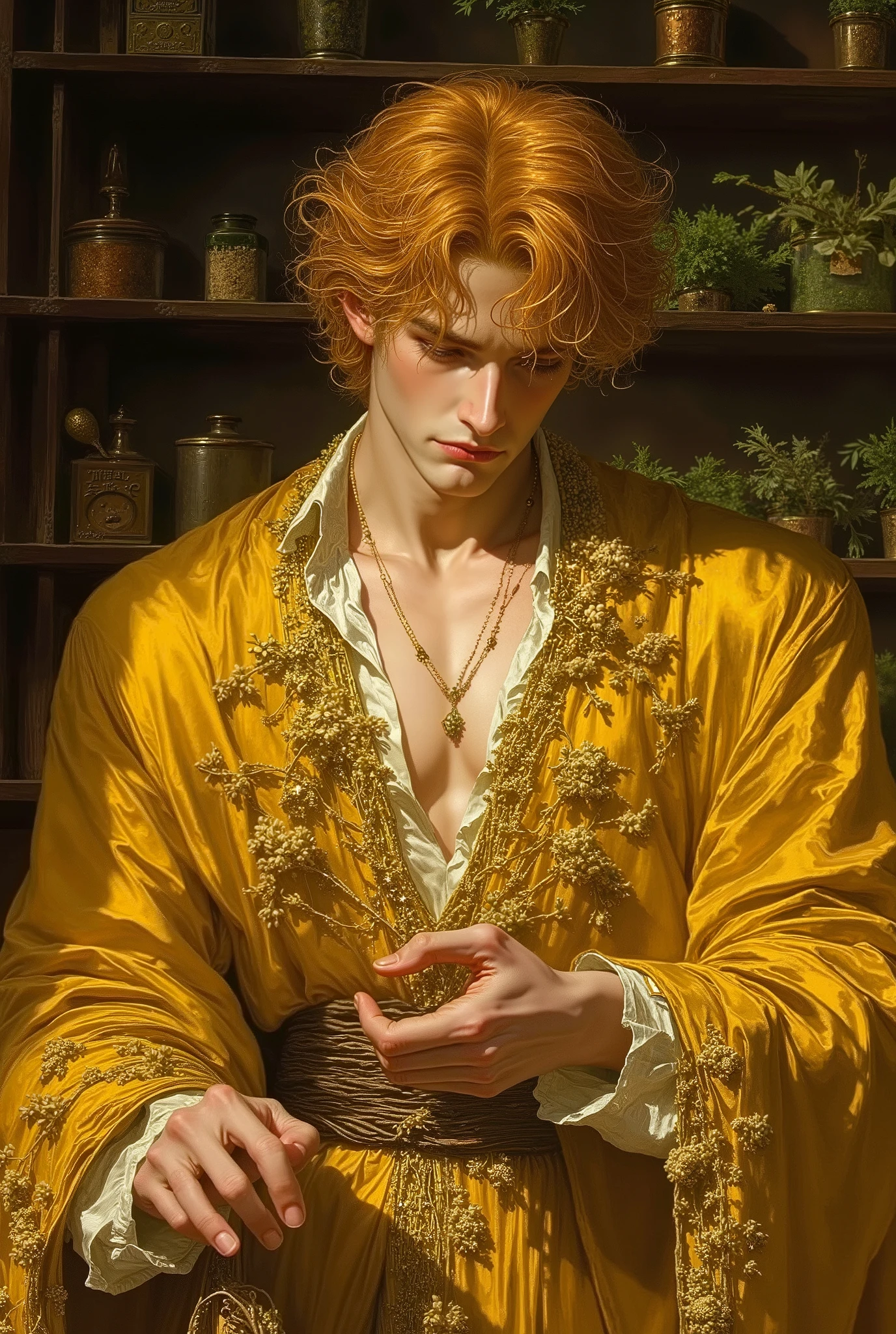 rompts Copy ((fullbody))in jc leyendecker and paul cadmus art style, "the healer", fullbody, close up big blonde wolf, perfect anatomy, the merchant, shelves with HERBS, FRUITS, LITTLE BOXES, VEGETABLES, GRAINS, DUMBBELLS , reach intricate background LARGE WINDOWS TO SEE THE GARDEN, realism close up portrait, oil painting, masterpiece, shadows, expert, insanely detailed, 4k resolution, caravaggio, john william waterhouse, By Caravaggio colours, chiaroscuro, mtg, dnd, fantasy, Watercolor, trending on artstation, sharp focus, studio photo, intricate details, highly detailed, by greg rutkowski. Young wizard man, Handsome, sexy in a rich yellow outfit, tunic style that leaves your abdomen exposed. Bright Cherry Red gurly hair