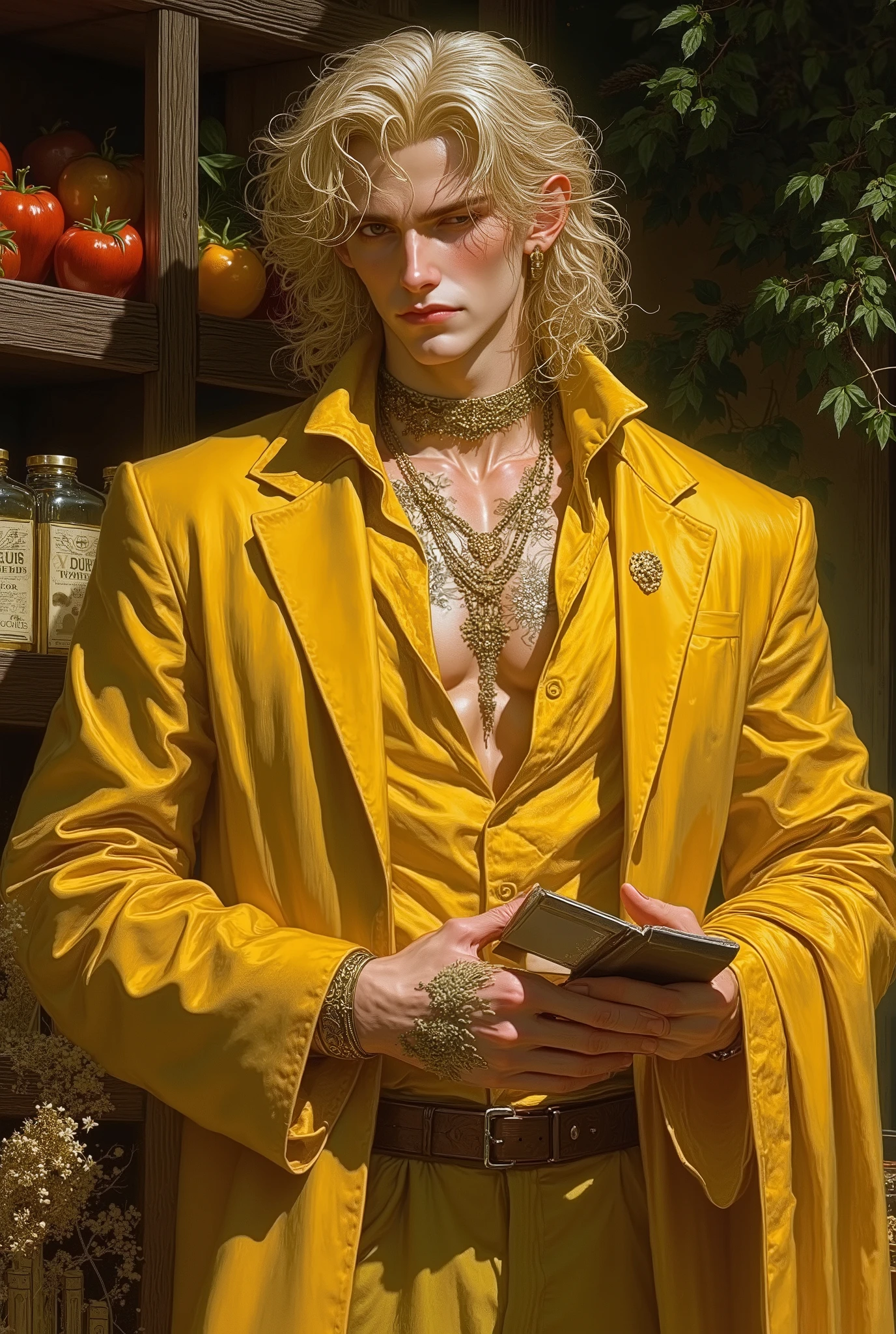 rompts Copy ((fullbody))in jc leyendecker and paul cadmus art style, "the healer", fullbody, close up big blonde wolf, perfect anatomy, the merchant, shelves with HERBS, FRUITS, LITTLE BOXES, VEGETABLES, GRAINS, DUMBBELLS , reach intricate background LARGE WINDOWS TO SEE THE GARDEN, realism close up portrait, oil painting, masterpiece, shadows, expert, insanely detailed, 4k resolution, caravaggio, john william waterhouse, By Caravaggio colours, chiaroscuro, mtg, dnd, fantasy, Watercolor, trending on artstation, sharp focus, studio photo, intricate details, highly detailed, by greg rutkowski. Young wizard man, Handsome, sexy in a rich yellow outfit, tunic style that leaves your abdomen exposed. Bright Cherry Red gurly hair