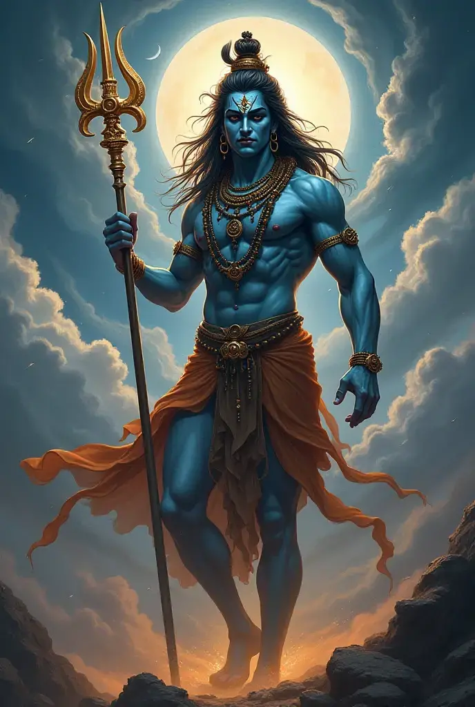 mascular Lord shiva full screen 4k . Take inspiration from Hindu god shiva. Smiling face with his trishul and snake in his nec and nandi sitting beside his legs . And a only one muscular handsome Rajput(Kshatriya) middle mascular adult male devotee praying him from side in standing position