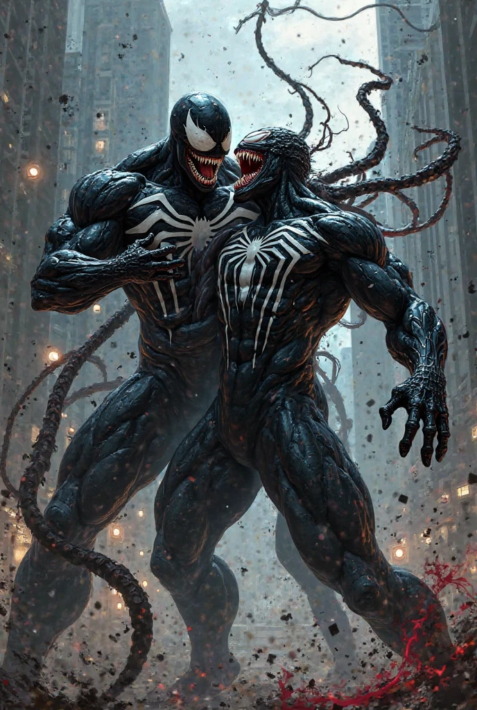 venom, symbiote, female, black body, goo creature, open mouth, sharp teeth, long tongue, big breasts, massive breasts, slim , very small waist, , from behind, big butt, hands on breasts