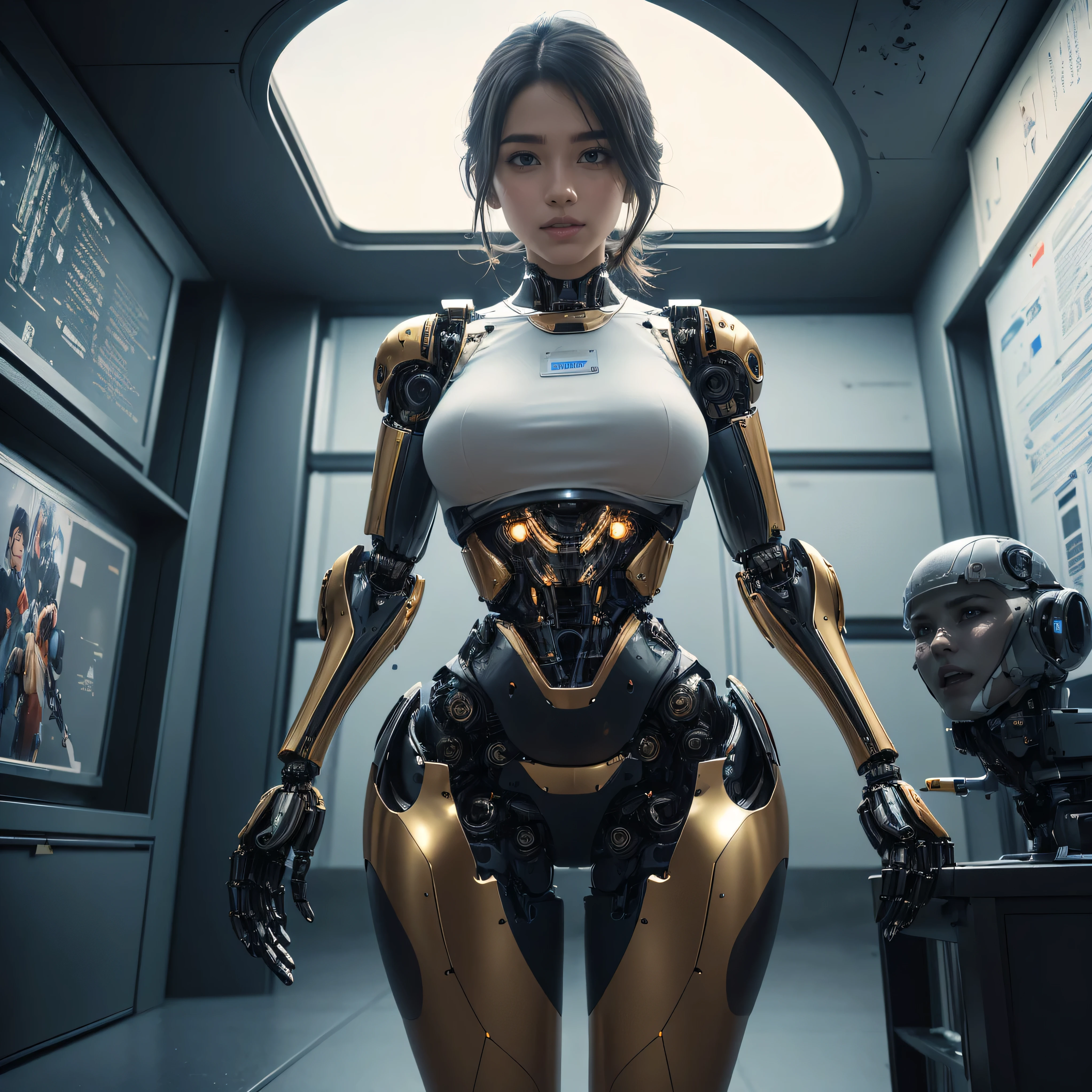 intelligent bionic robot, 2 women’s heads, woman, cyborg robot parts, microchip, Bright studio, hyperrealism, high detail on the face, delicate details, soft writing, rimlight, Rendered by Octane, Unreal Engine 5 rendering, Mechanical Public Enemy Style, 16k, best image quality, TESTIFIES, white balance on the lunar surface, High key lighting, for a soft and graceful atmosphere, Ultra A High Resolution, Big Breasts Machine, cyberpunk, ((((no gravity)))), In production, Battle Angel Alita, ((((big smile)))), ((((wide thigh opening with both thin long legs)))), ((((Head of a age kawaii Japanese idol)))), ((((short pixie cut)))), ((((A cyborg with a humanoid precise mechanical robotic pure ultimate pure gold metal most one and only muscular skinny tight body from the neck down)))), (huge metal breast), ((((extremely thinnest mechanical waist)))), ((((precise mechanical robotic arms and hands and super long neck)))), ((((pure gold hair)))), ((((vigorous)))), ((((boyishly)))), ((((full body)))), ((((Ultra hires)))), ((((master piece)))), ((((best quality)))), ((((detailed)))), ((((photo realistic)))), ((((There are several holes in the fuselage that were drilled by gun fire))))