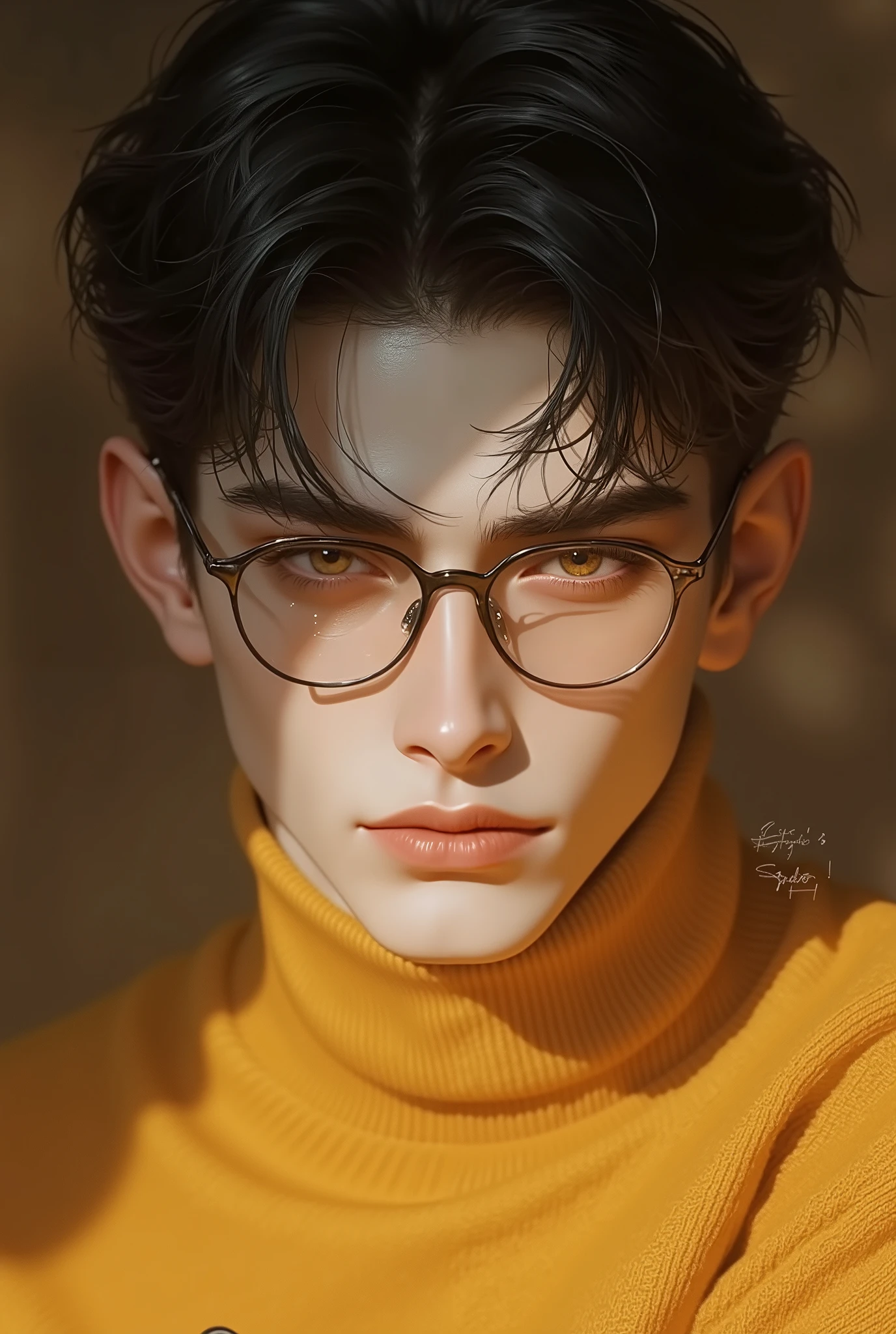 A handsome young man with short black hair, hazel eyes, wearing a yellow sweater that covers her neck, and also wearing black glasses, but their lenses are transparent. Her features are close.