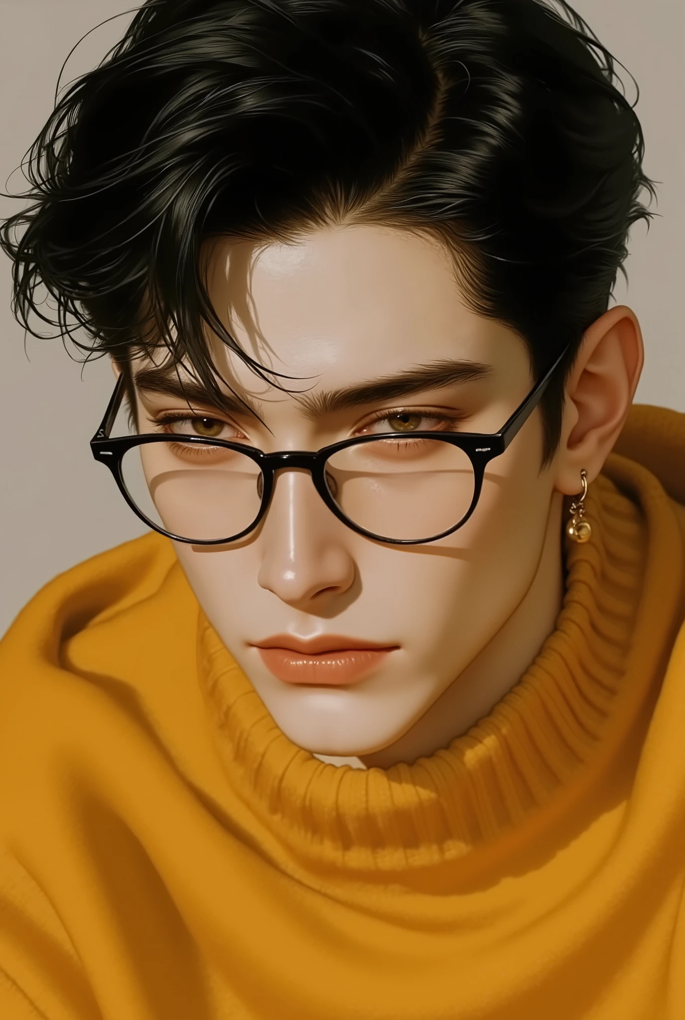 A handsome young man with short black hair, hazel eyes, wearing a yellow sweater that covers her neck, and also wearing black glasses, but their lenses are transparent. Her features are close.