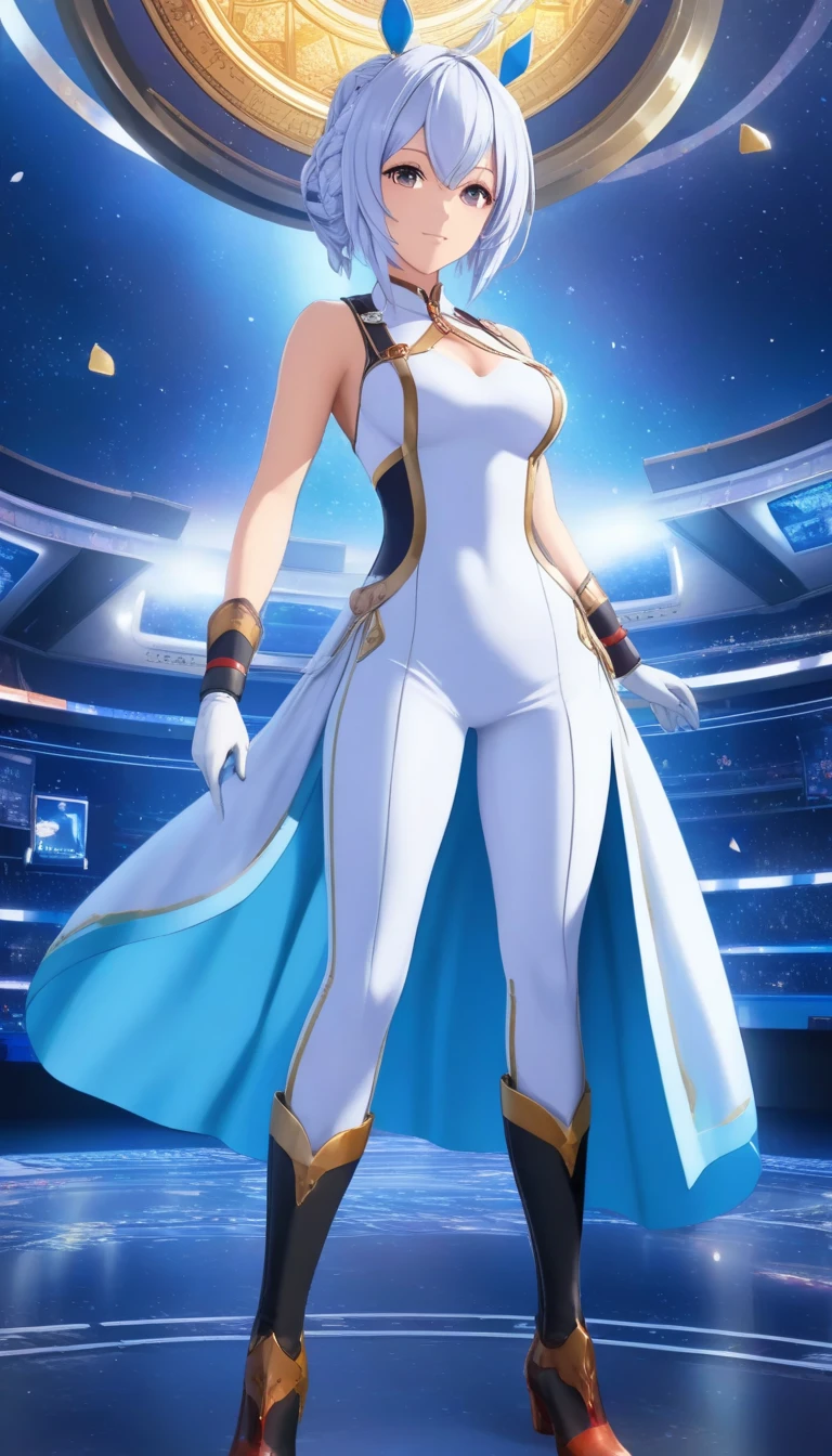 A swift woman (sexy stage outfit, lots of sparkles and sequins, gaudy jewelry) posing for glamour shots, bridge of 1950s star trek enterprise, crew watching her