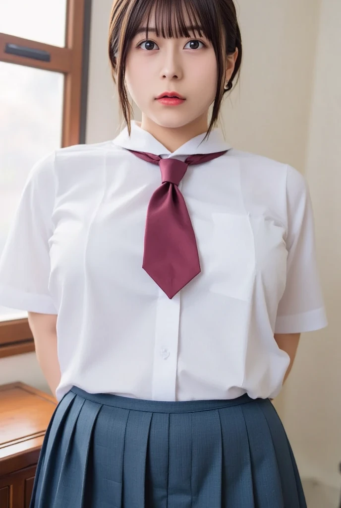 (masterpiece, best quality:1.2), 8k, 15yo, 85mm, official art, raw photo, absurdres, white dress shirt, pretty face, close up, upper body, violaceaess, gardeniass, beautiful girl, , (navy pleated skirt:1.1), cinch waist, thighs, short sleeve, in train, sitting on bench seat, looking at viewer, no makeup, (smile:0.4), film grain, chromatic aberration, sharp focus, facelight, clear lighting, teen, detailed face, bokeh background, (dark red necktie:1.1)