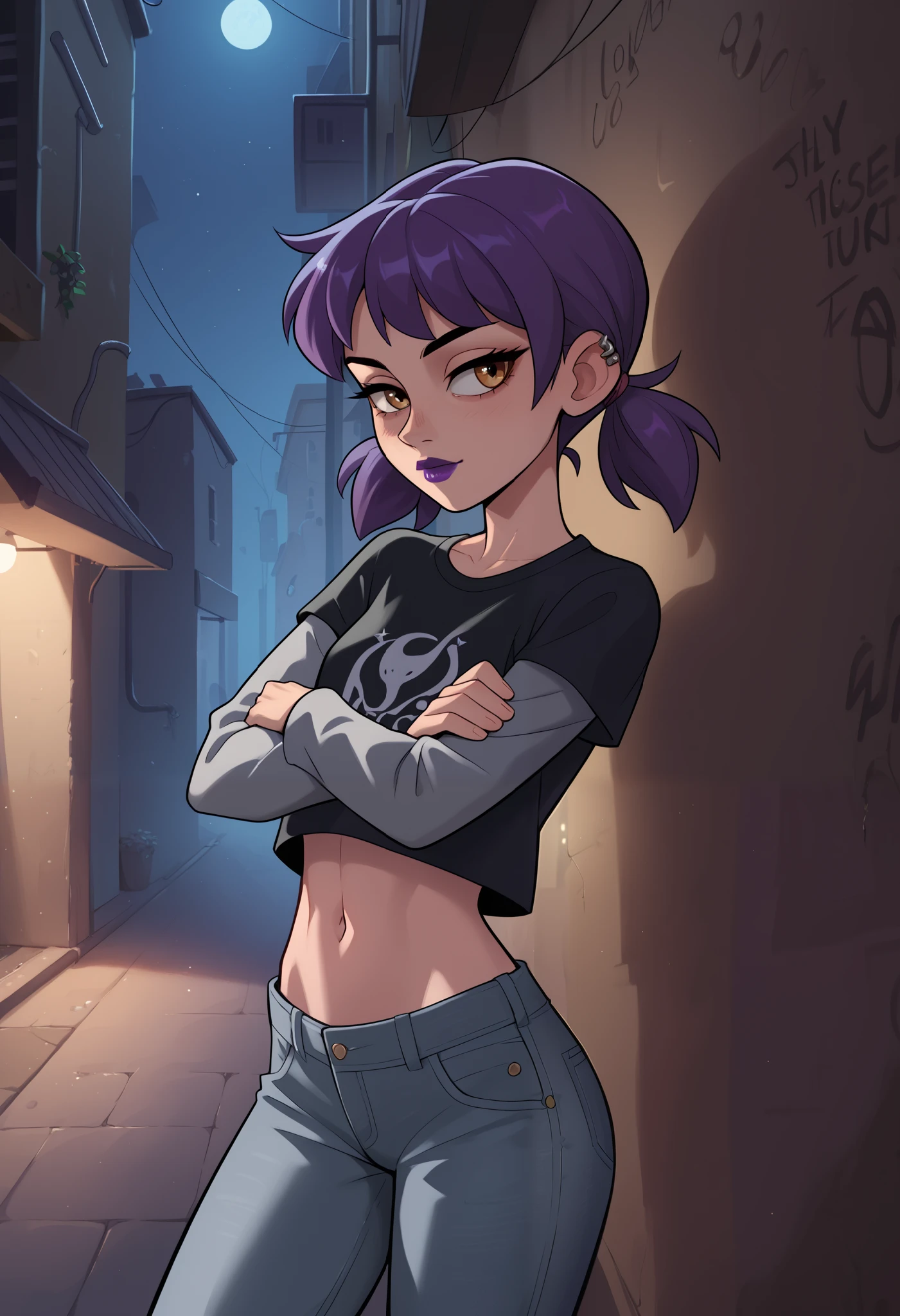 1girl, purple hair, short twintails, gray jeans, taut black t-shirt, long gray sleeves, midriff, belly, navel, purple lipstick, night, alley