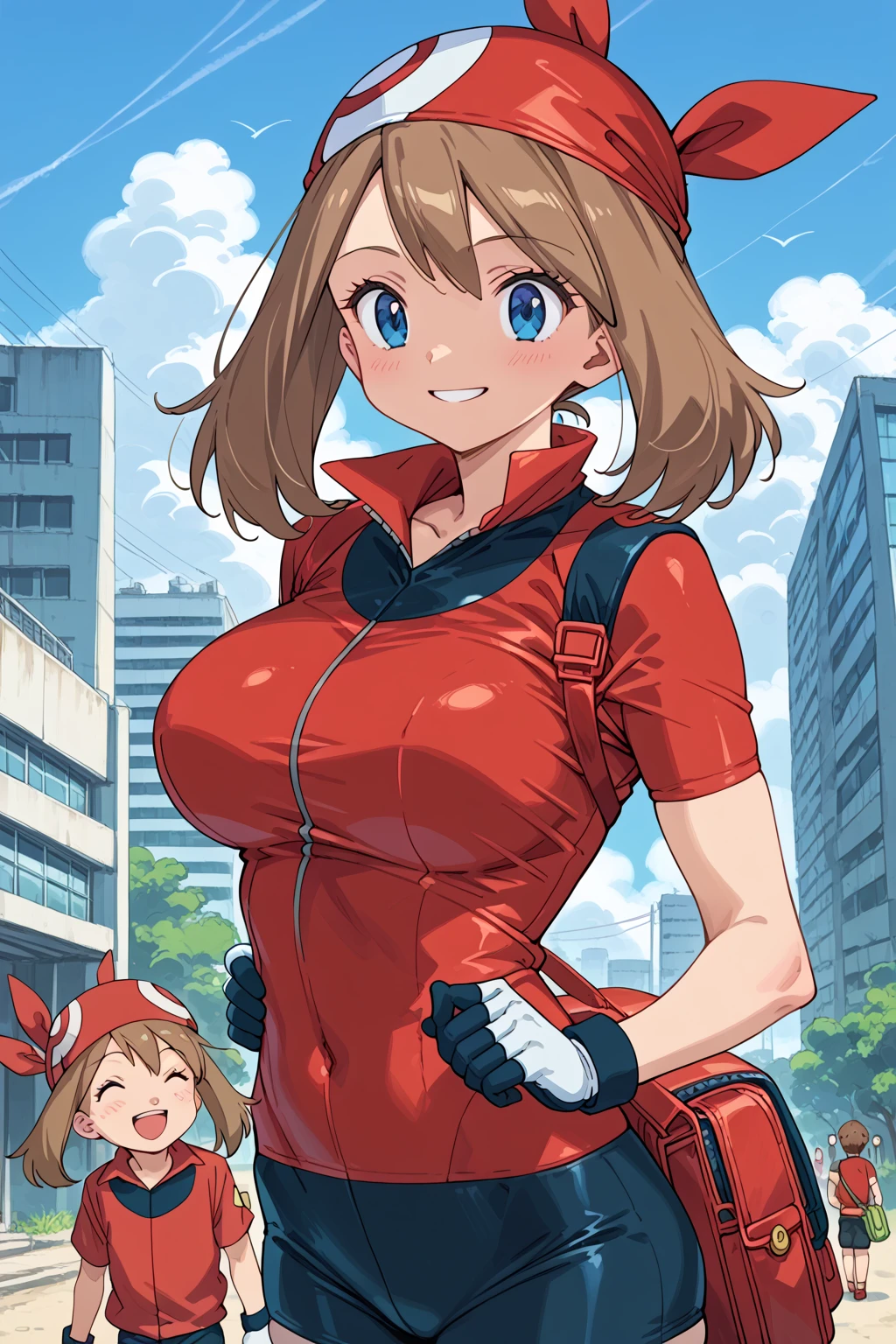 score_9, score_8_up, score_7_up, break, anime style, May PXL , blue eyes, brown hair, short hair, red bandana, red shirt, short sleeve, gloves, black shorts, body, 得意げなsmile, gigantic bust , toned, strong, baby bodysuit, masterpiece, amazing image quality , very aesthetic, Hi-Res, 超Hi-Res, latest, scenery, Volume Lighting、smile