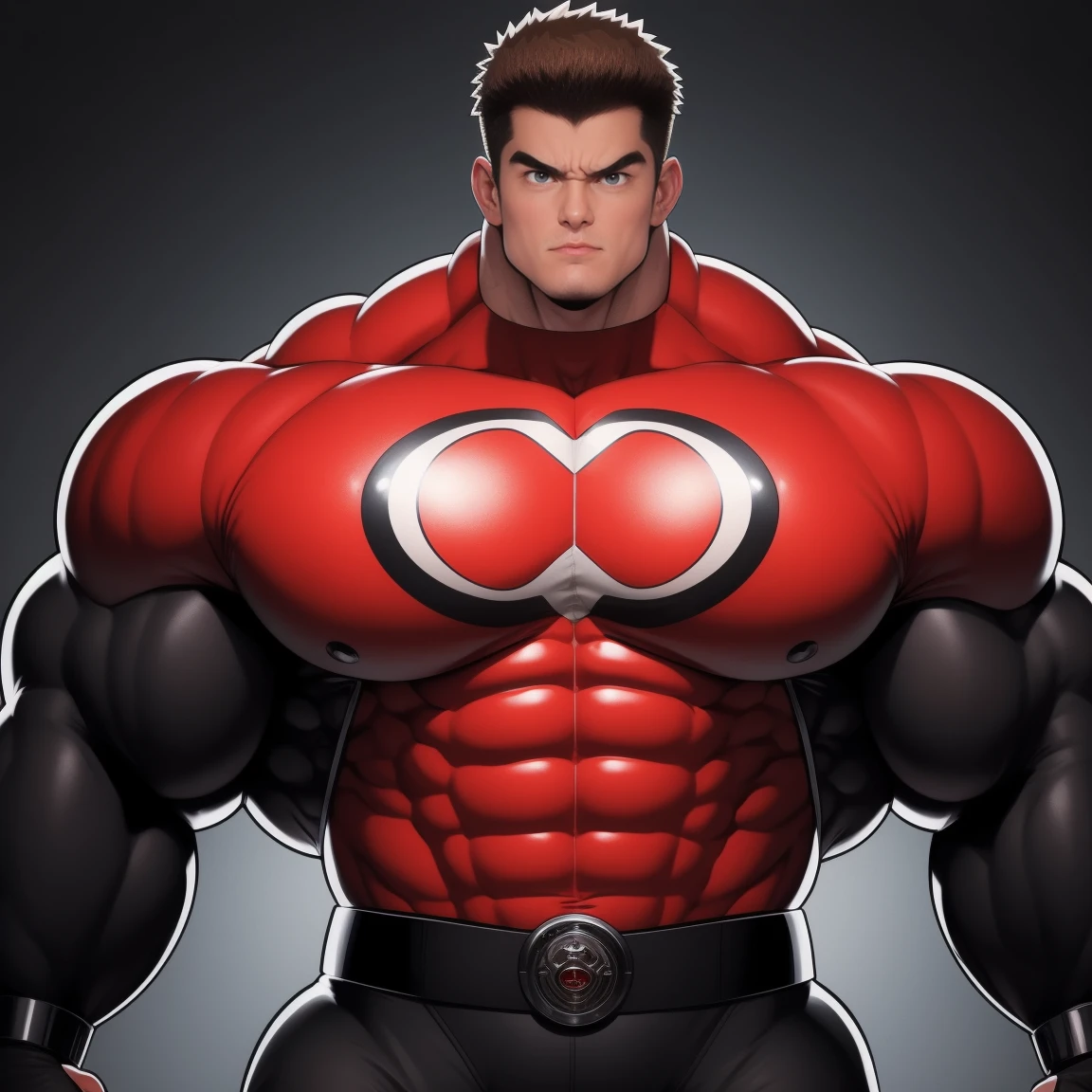score_9, score_8_up, score_7_up,,bara, muscular male, black bodysuit,huge erection under clothing, solo, tight clothing, covered nipples, huge nipples, large pectorals, thick thighs, armpits, sweat, hyper pecs, huge pecs, realistic,