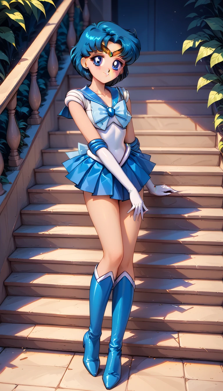 EPsmSailorjuiter, Brown ponytail hair, blue eyes, circlet, choker, earrings, グリーン sailor senshi uniform, white elbow gloves, yellow bow, Green skirt, Green heels, looking at viewer, serious, smirk, squatting, Open your thighs wide to the left and right, Showing off your pantyhose crotch to the viewers, arm behind head, inside living room, soft lighting, high quality, masterpiece,