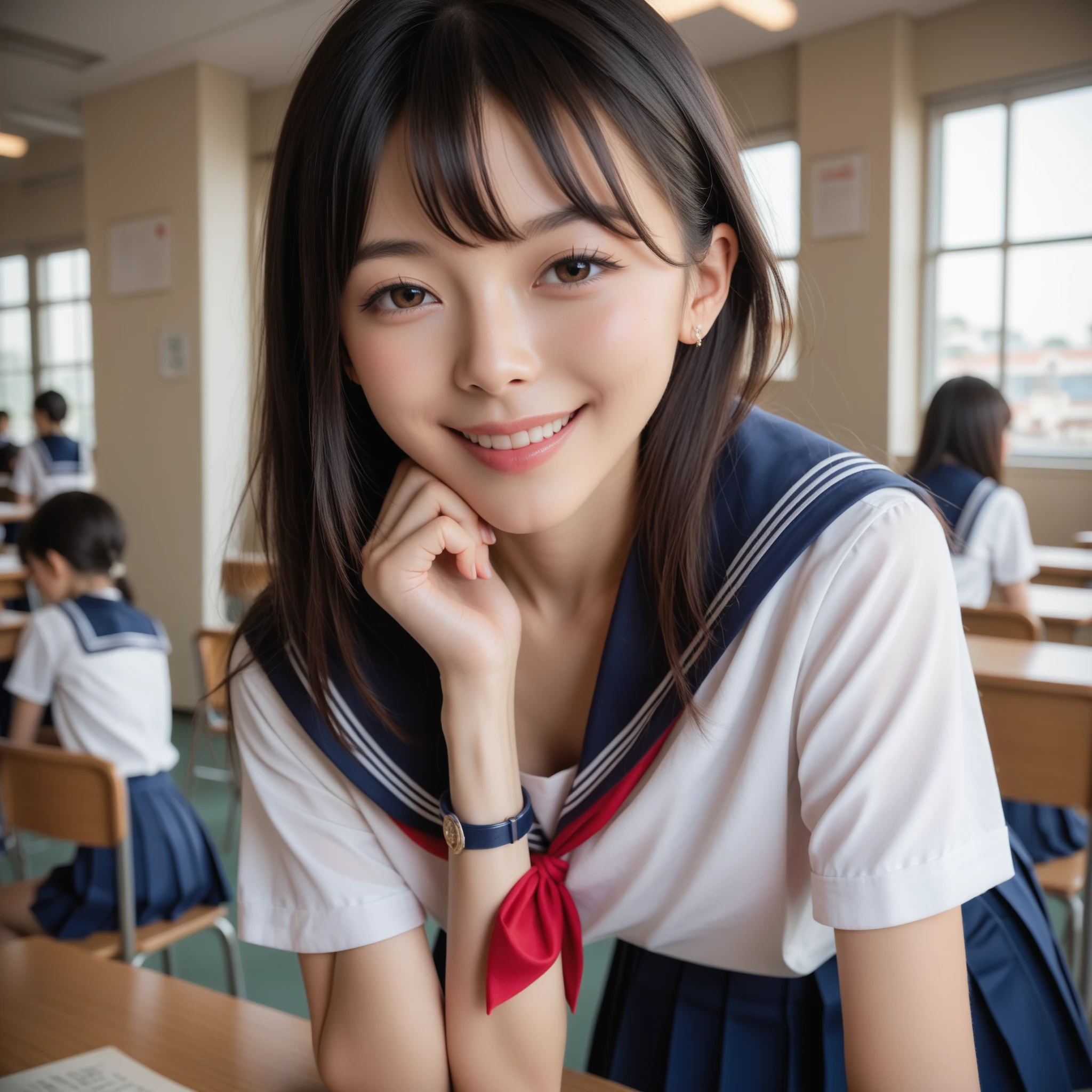 (best quality, 8k, 32k, masterpiece, UHD:1.2), (RAW photo), (realistic), (photorealistic:1.2), (high resolution), huge filesize, ultra-detailed, extremely beautiful face & eyes, 1girl, japanese elementary school student,14yo, 13yo, 12yo, round small face, baby face, thin waist, large breasts, slim proportions, thin thighs, (darkblue pleated mini skirt, japanese sailor, sailor fuku, serafuku, japanese school sailor suit), nice hands, perfect hands, accurate hand depiction, perfect thumb & fingers, sweaty, shy smile, pure white teeth, from below, cyberpunk, sunny blue sky,