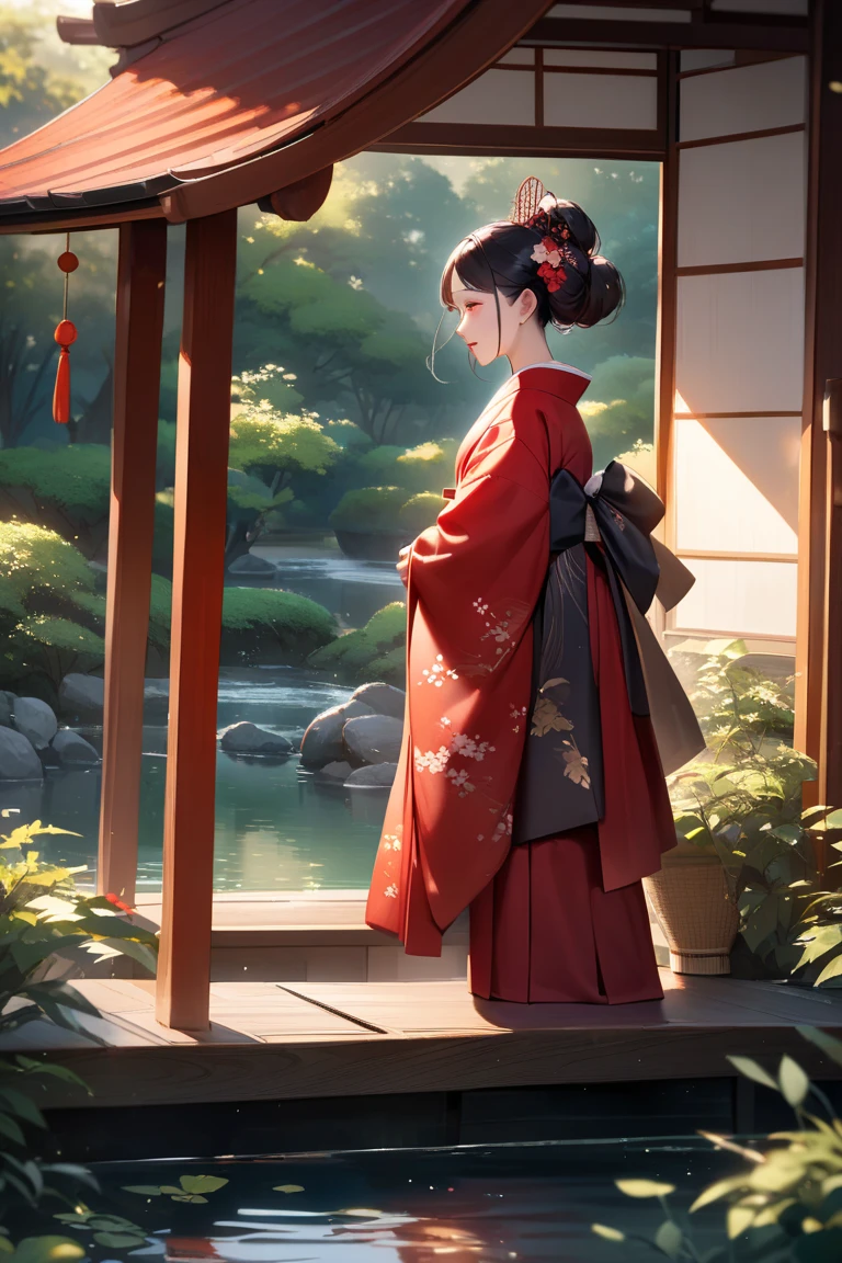 A painting of a woman in a kimono standing in front of a window, artwork in the style of Gwaiz, Gwaiz masterpiece, Gwaiz, Gwaiz on pixiv artstation, Gwaiz on artstation pixiv, Beautiful artwork illustration, Beautiful anime artwork, inspired by Tosa Mitsuoki, Japanese art style, Xin Haicheng