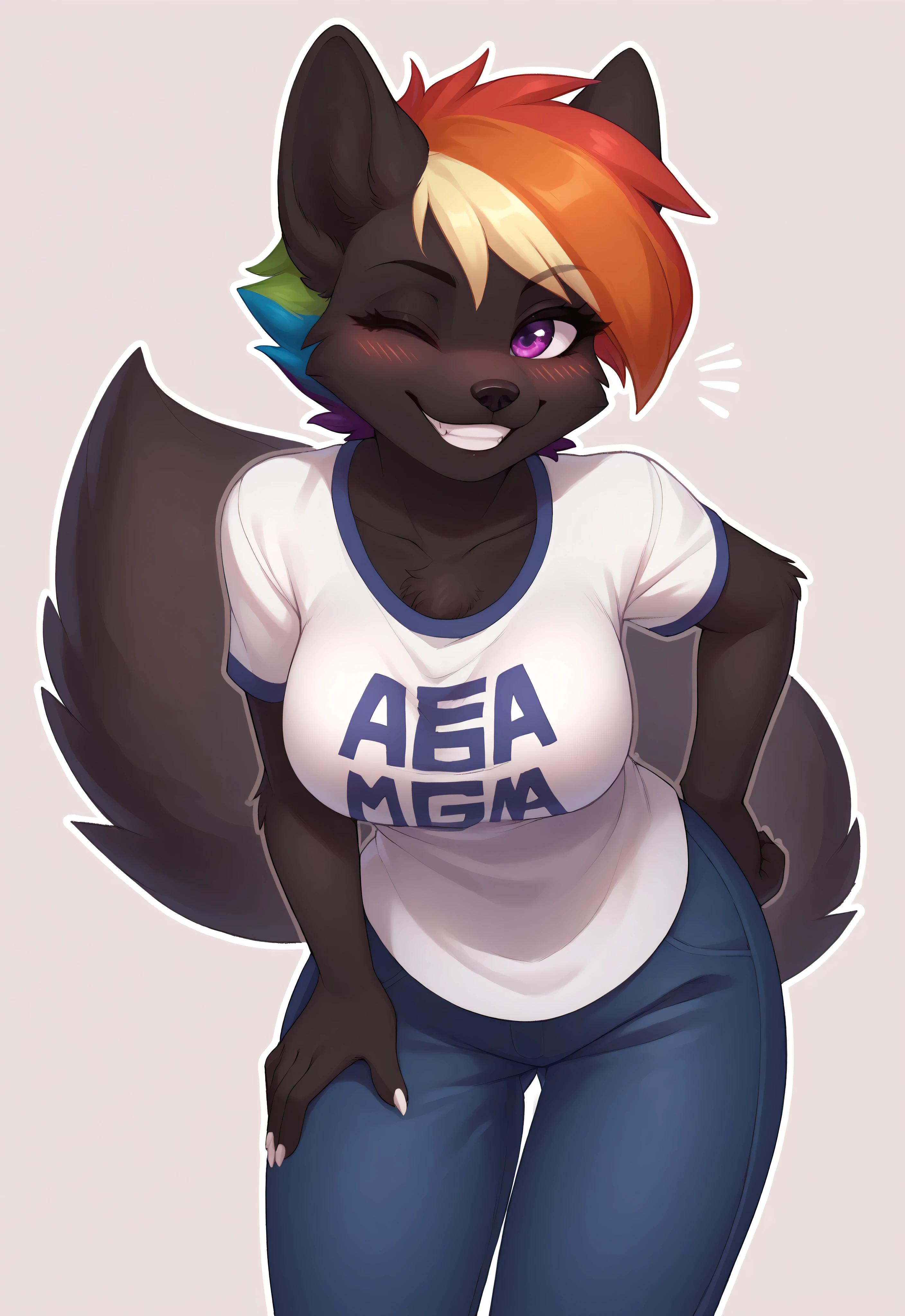 (4K HD Quality), score_9_up, score_8_up, score_6_up, anthro, solo, 1girl, furry, black fox, (black body), (black fur), (rainbow hair), short thick hair, purple eyes, black fox tail, medium large breasts, white claw,
blush, perfect teeth smile, looking at view,
1girl, breasts, large breasts, smile, shorts, leaning forward, poseMega, clothes_writing, impossible_clothes, (simple background, outline:1.3), , (one eye closed, wink:1.2), white tshirt, shirtMega, chest tuft, (beautiful:1.2), anthropomorphic, long pants,