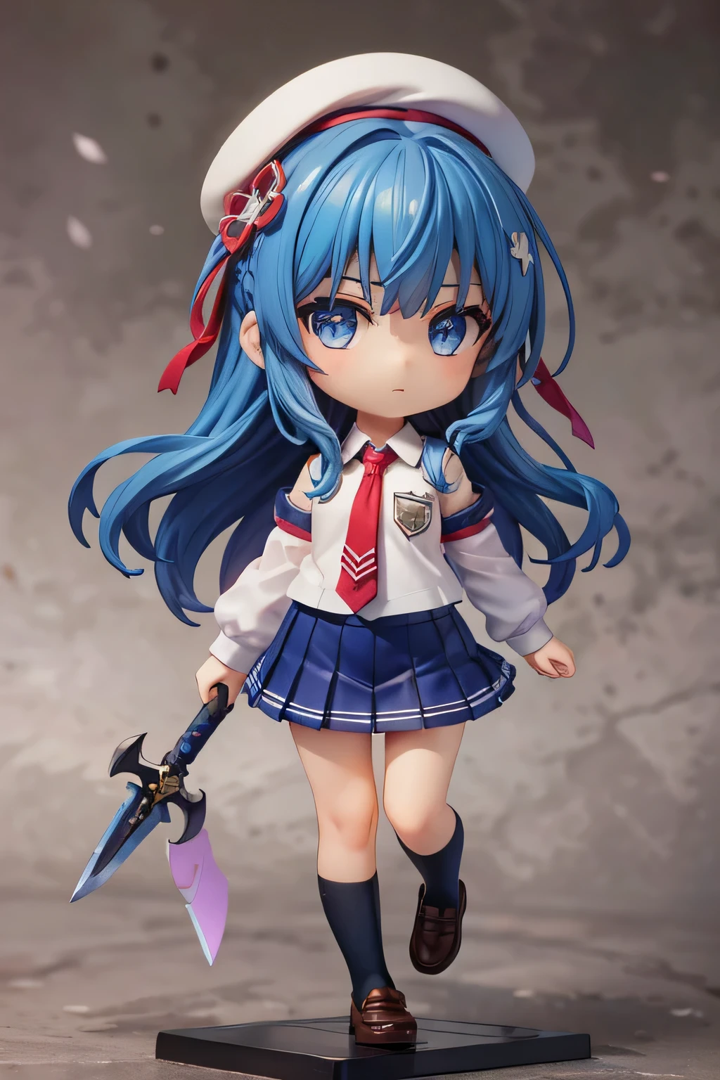 Beautiful girl with long dark blue hair, blue eyes, walking on a narrow path wearing a school uniform, tie, shirt, skirt, shoes, white beret, sword, comienza a blandir la sword y practicar, strong breeze , sakura leaves, very detailed face, 8K, light and shadow effect. masterpiece, The best quality, fullbody, Chibi, , (change:1.2), Nendoroide, PVC models