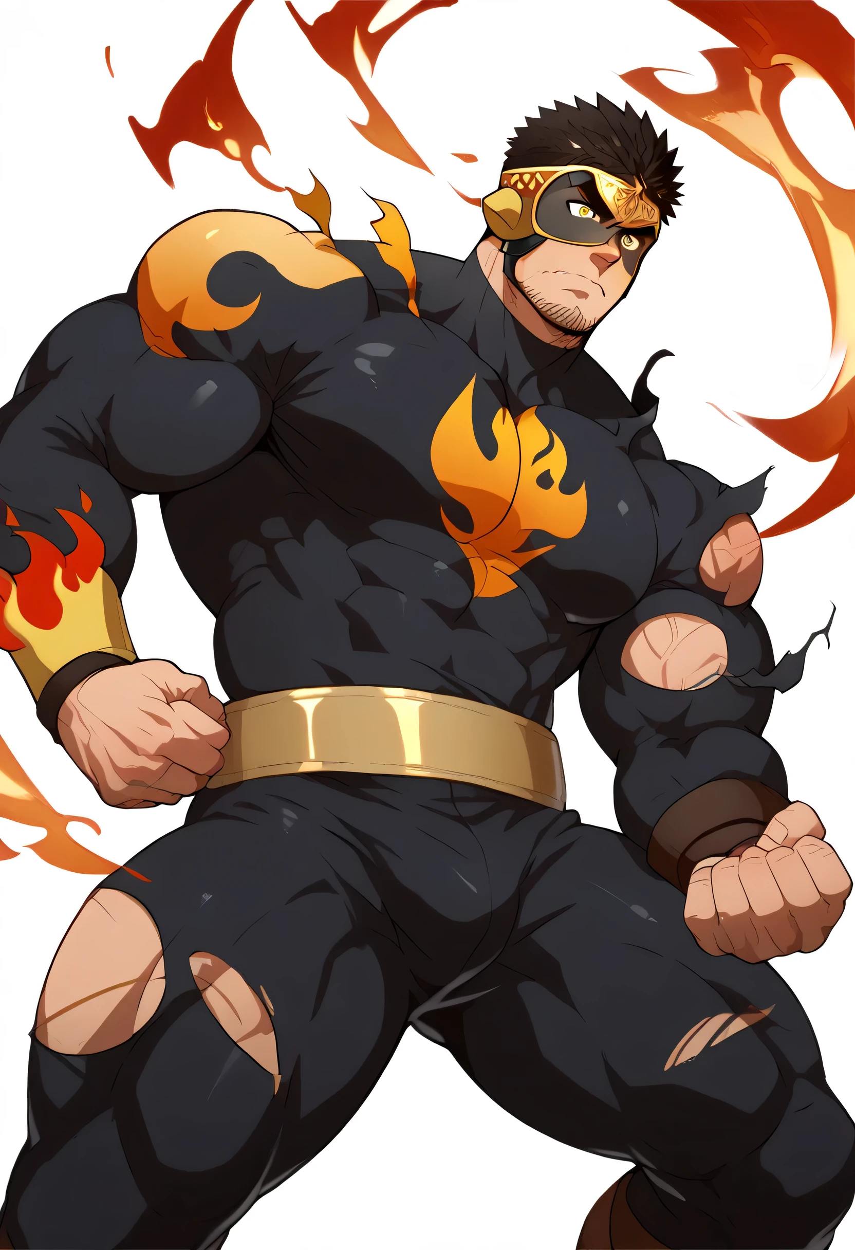 score_9,score_7_up,score_6_up,score_5_up,score_4_up,zabaniyya \(housamo\), muscular, 1boy, male focus, bara, thick thighs, muscular male, stubble, solo, facial hair, thighs, torn clothes, bodysuit, pectorals, black hair, yellow eyes, frown, large pectorals, mature male, thick eyebrows, transparent background, fighting stance, flame print, bulge, thick arms, tight, spiked hair, burnt clothes, manly, underpants, muscular wrestlers, masked wrestler, no clothes