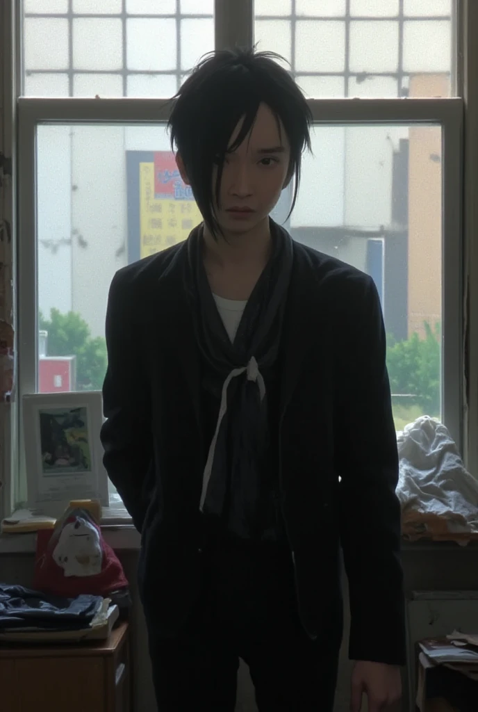 1 male boy,black hair, black pupils,white long sleeve t-shirt,defined body,Dark City,blood stains,
