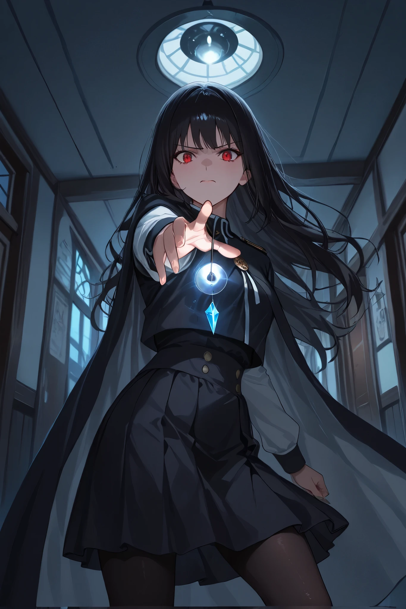 1girl ,from below ,low angle、Detailed hand,
Hand,
Perfect hand,from side, side view,cowboy shot,red eyes. pendulum.、Female Student Wearing a Cape。 MYSTERIOUS WOMAN 。nervous。serious、uniform。Female Psychic Mediator。 Arm outstretched in front.、knee-length skirt、。Inside the school in the middle of the night。Holding a crystal pendulum in hand。I'm dowsing with a pendulum。Night patrol。 black hair、long hair。medium skirt、 dark background、 night school hallway。anime style。 stretch your arms forward。black pantyhose、. crystal pendulum.hand, Anime art、hand,The pendulum is the light source、Dynamic Composition、Active Angle。
xss