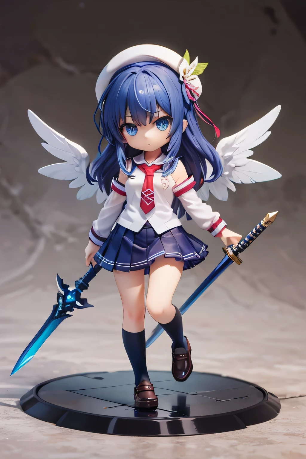 Beautiful girl with long dark blue hair, blue eyes, walking on a narrow path wearing a school uniform, tie, shirt, skirt, shoes, white beret with wings, sword, comienza a blandir la sword y practicar, strong breeze , sakura leaves, very detailed face, 8K, light and shadow effect. masterpiece, The best quality, fullbody, Chibi, , (change:1.2), Nendoroide, PVC models