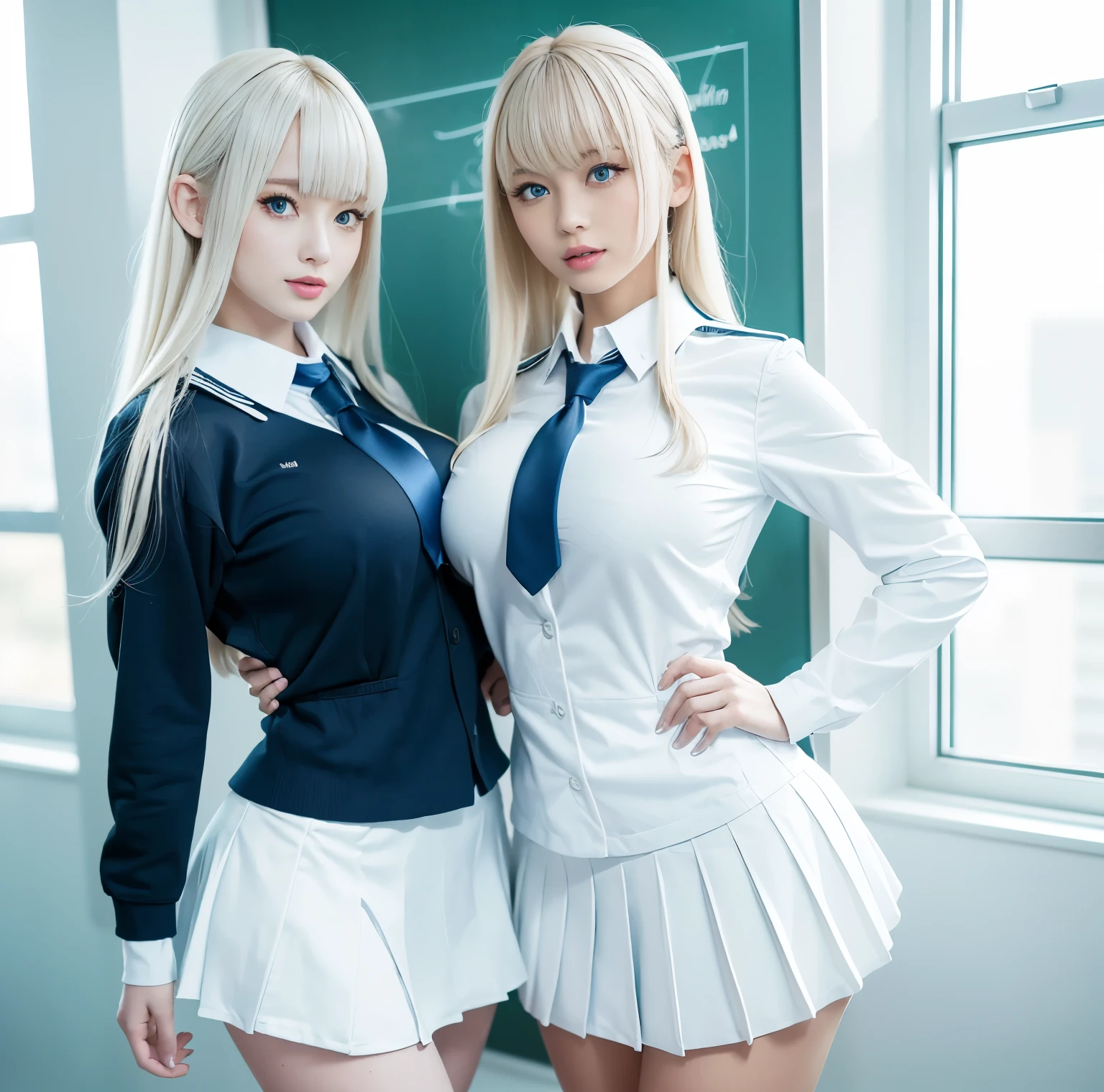 A beautiful girl is sitting in her classroom, with long white hair and beautiful yellow eyes, surrounded by several of her classmates.
