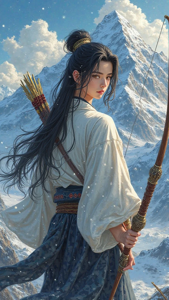 spring,There is nothing else on the empty grass.,A girl holds a long sword in her hand,Expression is blank,flowing hair,There are mountains in the distance,An expression of disbelief,Surprised expression