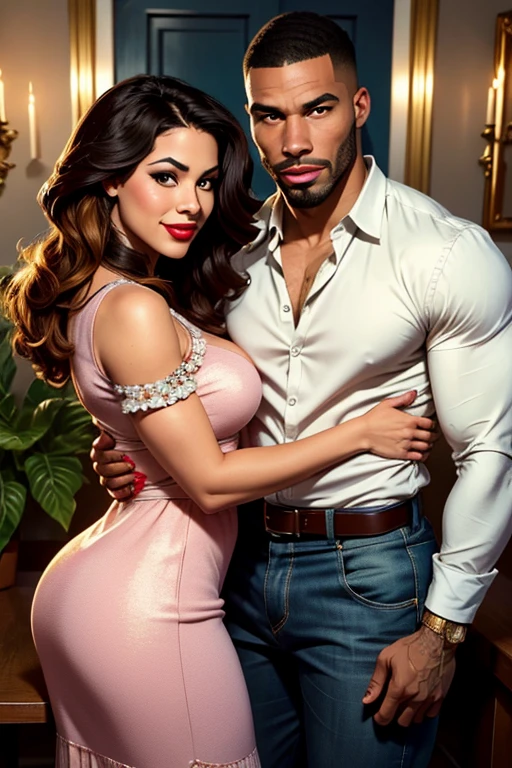 a woman and a man. A muscular and busty latina quinceañera wearing a pink corset top and crinoline mini skirt. Behind her, taking her by the waist, is a dominant mature alpha male bodybuilder, Dramatic lighting, highly detailed, cinematic, Photorealistic, 8k