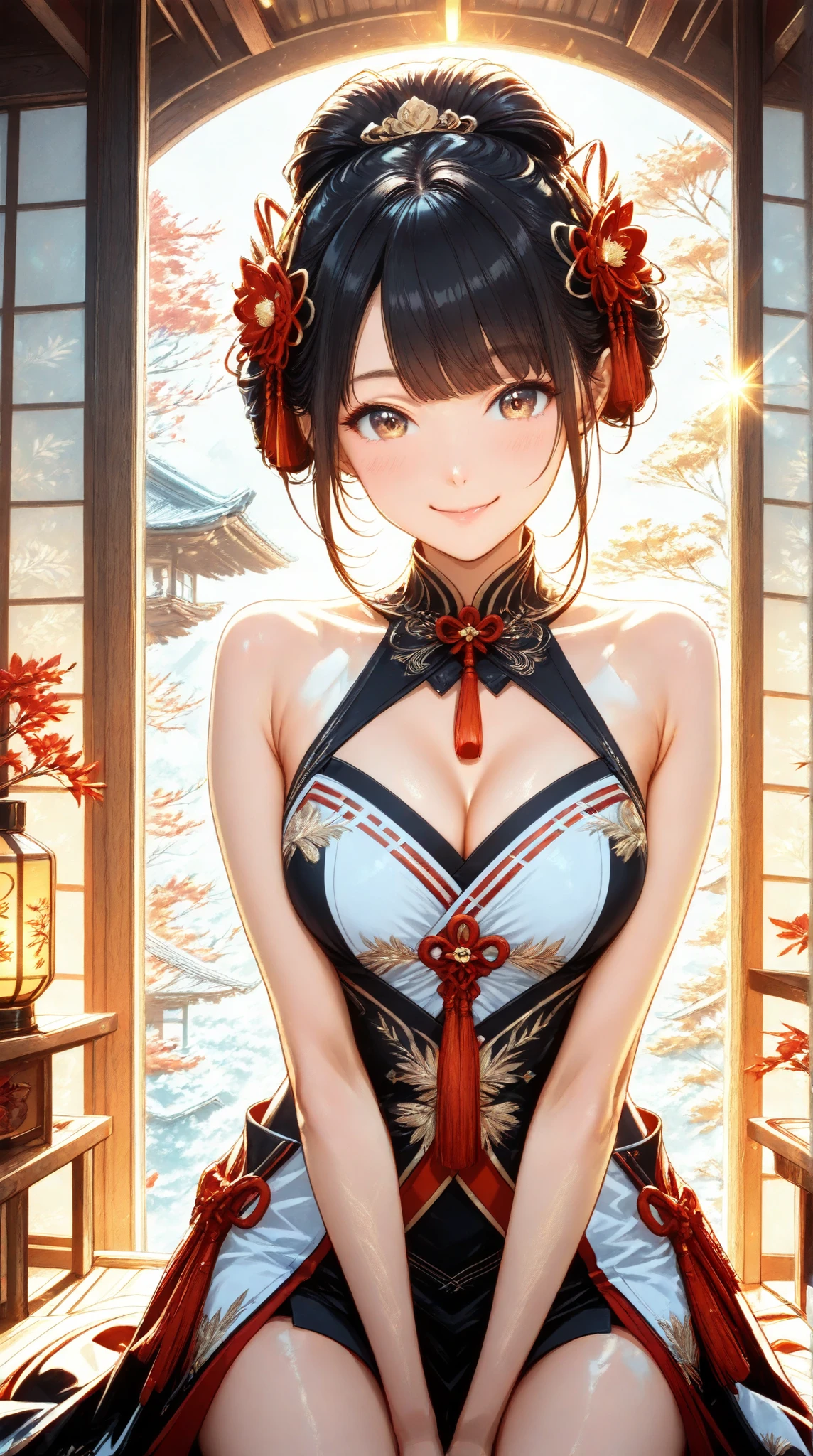 Small face、bangs, (smile : 1.1), Young and cute Japanese faces , official art, Hi-Res CG Unity 8K Wallpaper, 超high accuracy度 , high accuracy , Half photo , Silk Embroidery and Film Grain , lens flare glow , Best Quality ,8k, viewer , (( masterpiece)), (( Best Quality )), ( high accuracy ), (( cute)), (( sexy)), (( high accuracy な)), ( Detailed Features ), ( beautiful), with an illustration of , beautiful Japanese woman, (( Female 1 ))