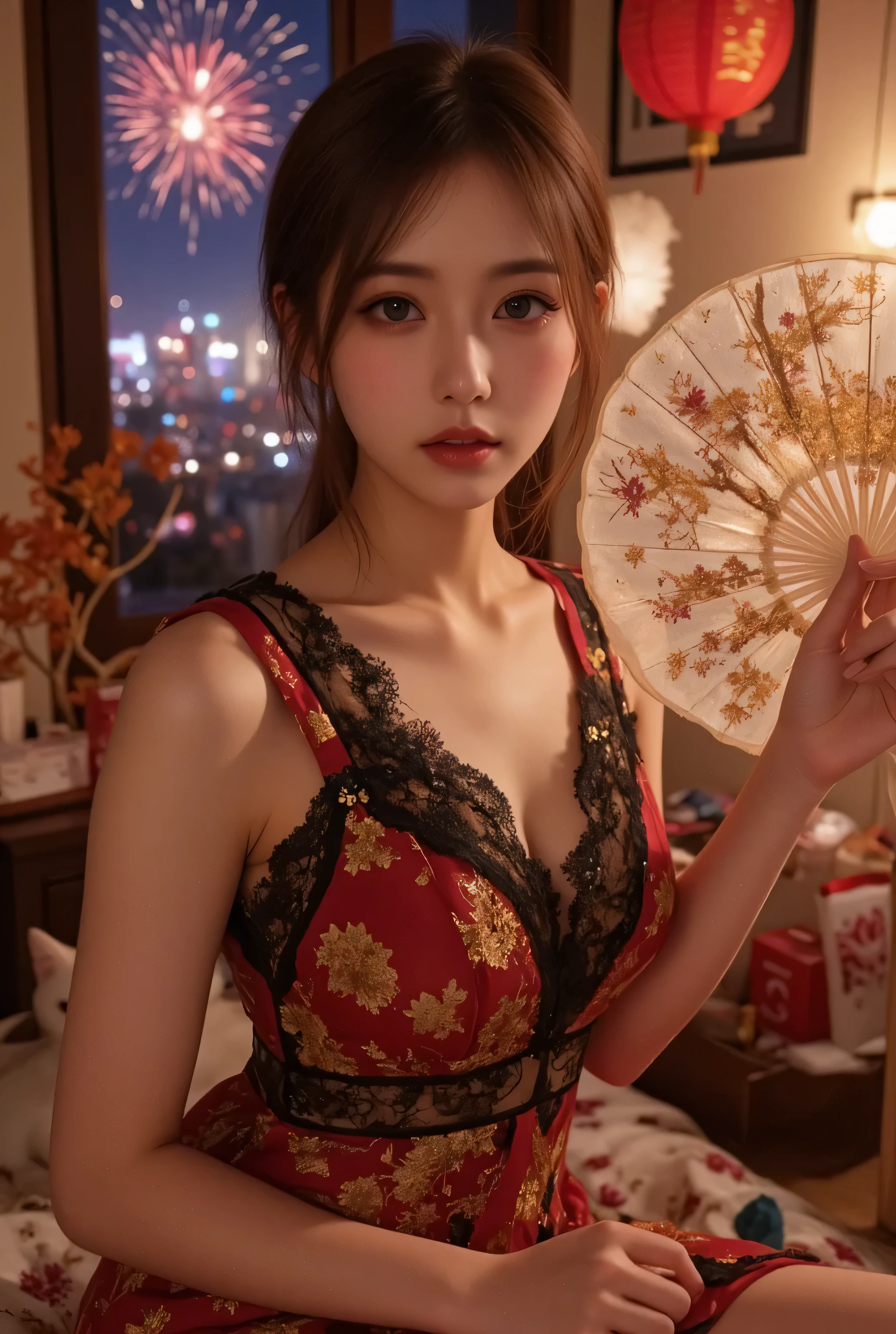 Cat ears、 face up, attractive, pretty girl, ponytail、 (( fine facial features , eroticism)), dramatic lighting , realistic , 8k, Dramatic Shadows , intricate and elaborate patterns , super detailed photo , chiaroscuro lighting , Pleasant colors , deep contrast , super real 、 pink lipstick、 warm room、Vintage Fireplace 、 cinematic composition、Close-up of face, pretty half part transparent open shoulder loose outfits dress, tang style, A beautiful Korean idol wearing a one piece red- black tightly cheongsam with phoenix and intricate floral golden embroidery, golden and silver outline on dress, hand hold pink feathers transparent Chinese fan with golden ink painting of bird and tree , standing gracefully in a room filled with traditional Chinese New Year decorations. The room features vibrant red lanterns, decorative calligraphy scrolls, a small Chinese orange tree with golden ornaments, and several red envelopes scattered across the floor and hanging from the tree. Adorable, playful cats are part of the scene—some sitting near the tree, others curiously pawing at the red envelopes or lounging around. Through a window or an open door in the background, vibrant Chinese fireworks light up the night sky in an array of reds, golds, and blues, casting a magical glow into the room. The idol’s outfit is paired with subtle accessories like red hairpins or earrings, complementing the festive look. The atmosphere is warm and lively, filled with the joyful essence of the celebration, enhanced by the shimmering lights of the fireworks and the lively decor.