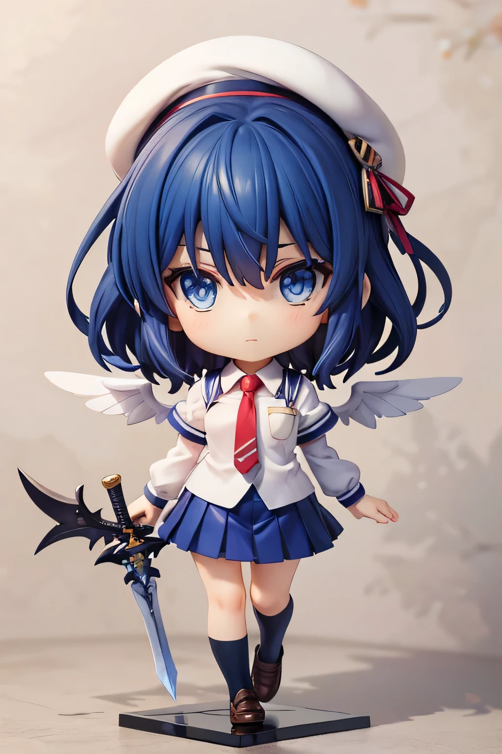 Beautiful girl with long dark blue hair, blue eyes, walking on a narrow path wearing a school uniform, tie, shirt, skirt, shoes, white beret with wings, sword, comienza a blandir la sword y practicar, strong breeze , sakura leaves, very detailed face, 8K, light and shadow effect. masterpiece, The best quality, fullbody, Chibi, , (change:1.2), Nendoroide, PVC models