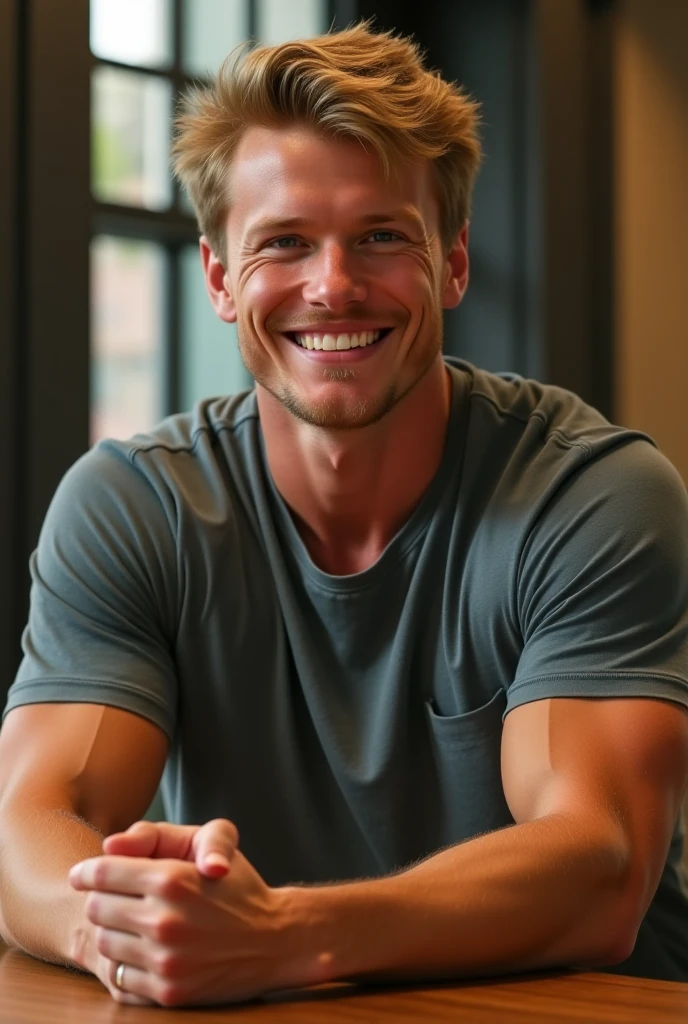 Young man, black shirt, grey pants, blond hair, short hair, messy hair, smiling, muscular, 4k, masterpiece, good anathomy