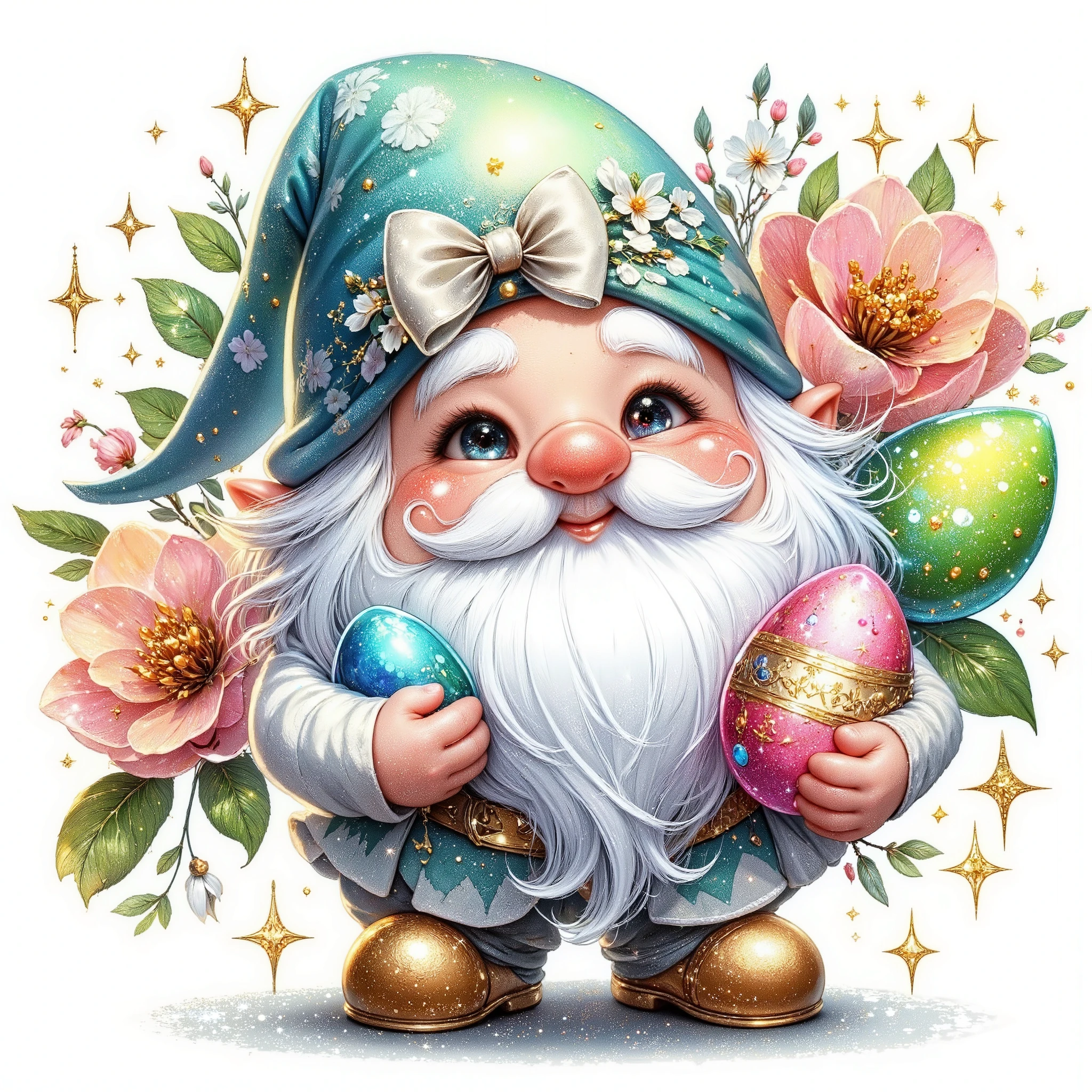 (((extremally ultradetailed: 1.4))) a quirky very happy expressive emotions by Gabriel Pacheco and disney,glossing vibrant vivid, white-pink-applegreen-lazurblue, with metallicgoldlines and inkblacklines, with clear contours, single very cute flirtous little 5years easter GARDENGNOMEin spring flowers, isolated clipart on white background,gold detailes,highfashion pose,whole-body,by Gabriel Pacheco and disney and marina fedotova,whole-body clipart (ultraglossing gold: 1.2)