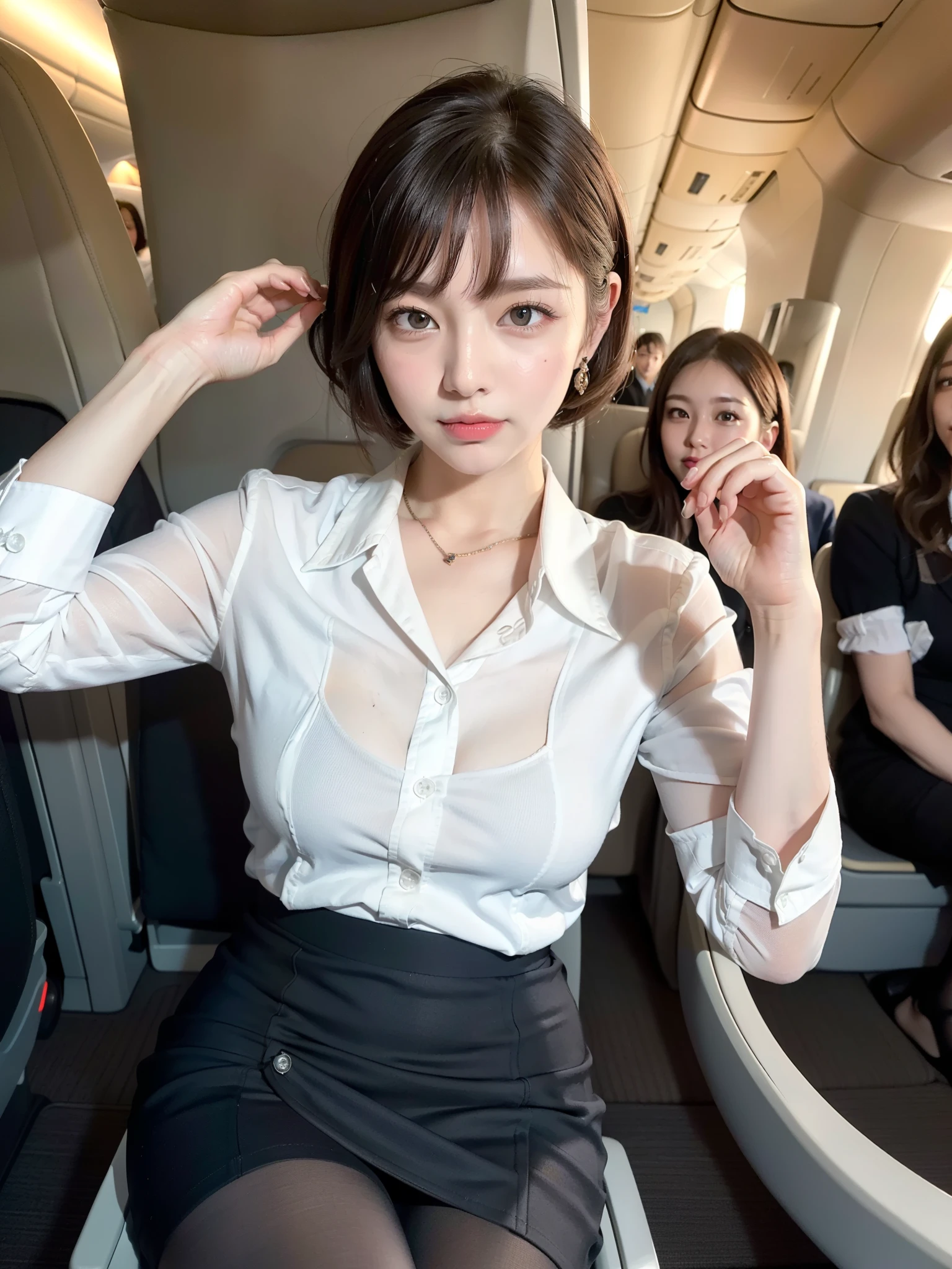 (8K high image quality), (top-quality), (RAW image quality),(masutepiece:1.2), (Realistic), (Photorealistic:1.37), ,largeeyes,long eyelasher,（Live-action realistic style),Photorealistic light and shadow,Clear facial features,,Fair skin, ）,(The Ultimate Face,Extraordinary beauty),Best portraits, 1-girl,Beautiful detailed eyes,highlydetailed skin,(Beautiful face with double eyelids), (Realism: 1.4),((fullbody image)) ,delicate and beautiful face,,Female about 20 years old,(Beautiful Face 1.4),straight hair length bob cut,,(lipsticks,Lame around the eyes,earring beautiful),((Shot on an airplane)),(Flight attendant uniforms,Black skirt)),,(Flight attendants in uniform),,(3/4 Length),Shoot head-on,,Close-range shooting,,(((Show your audience your best smile))),Lightly dressed flight attendants,,((sit with your legs apart on an airplane seat,Open your legs and show me your pure white panties.........)),The navel is visible,Navel exposure,(((Always face the viewer))),(Please face the viewer and spread your legs apart.........),Bra is slightly exposed,My legs are wide open,(Please open your legs wide for the camera)