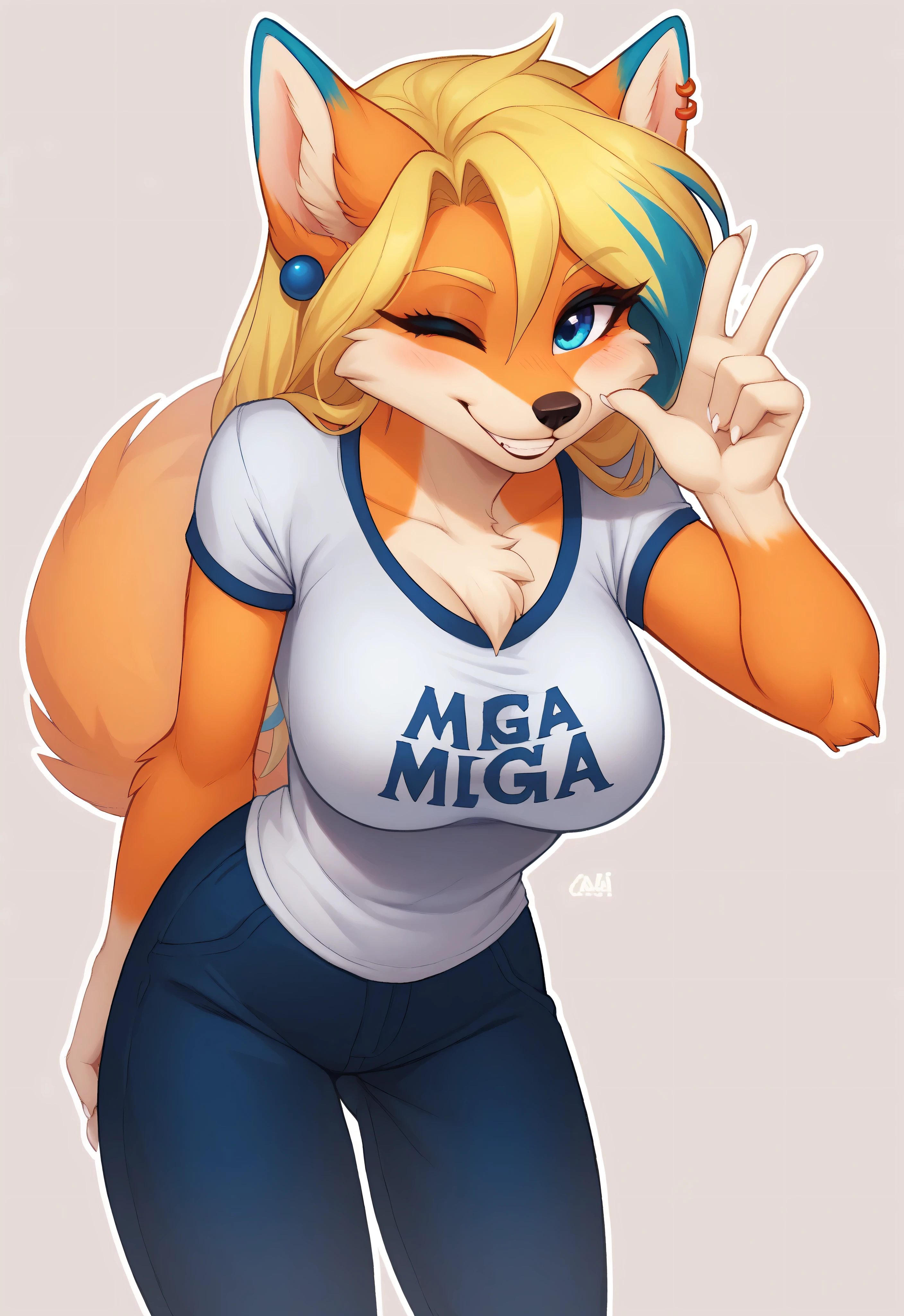 (4K HD Quality), score_9_up, score_8_up, score_6_up, anthro, solo, 1girl, furry, female, fox, long blonde hair, orange fur, blue eyes, earrings, white arms, white hands, white feet, white claw,
(multicolored hair, yellow hair, blue highlights, blue streaks hair), orange tail, white top tail,
blush, perfect teeth smile, looking at view,
1girl, breasts, large breasts, smile, shorts, leaning forward, poseMega, clothes_writing, impossible_clothes, (simple background, outline:1.3), , (one eye closed, wink:1.2), tshirt, shirtMega, chest tuft, (beautiful:1.2), anthropomorphic, long pants,