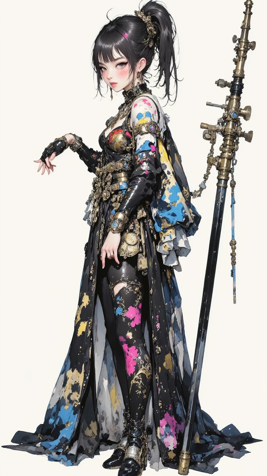 3 d model,Caramel macchiato, arma, The sword, halter, holdingweapon, 32K, Linen cloak, Top quality, Masterpiece:Faust,,1 child, long whitr hair, clouds, On your stomach, (tmasterpiece,k hd,hyper HD,16k),clutching a sword, buliding, Reflectors, bloods, Eastern Asia, Weapon focus, Skysky, brunette color hair, knifes, trouser, firey, banya, The clothes ar, bandagens, sword sheath, Masks, 独奏,