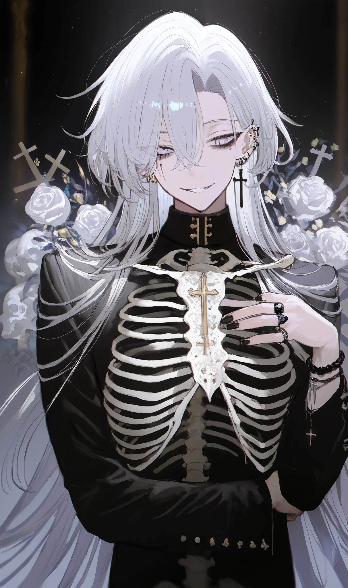 masterpiece, best quality, amazing quality, very aesthetic, high resolution, toboso-yana-style, jewelry, long hair, flower, 1boy, skeleton, male focus, ring, black nails, earrings, rose, solo, stitches, piercing, long sleeves, white hair, fingernails, ear piercing, very long hair, smile, blurry, cross, bone,