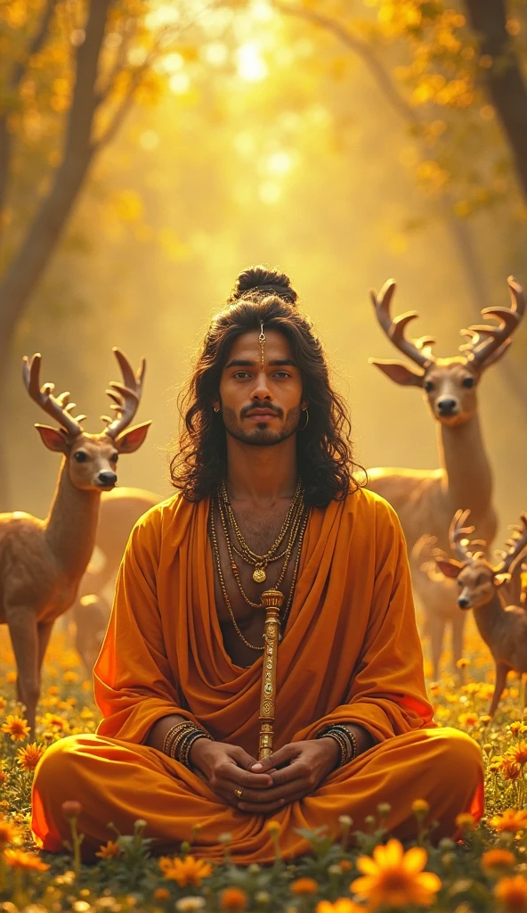 (photorealism:1.2), lord Krishna, sitting in beautiful Jungle on a tree with baruri play lord krishna, wearing loose off-shoulder top, indina yallow dhoti, long curly hair, outdoors, soft sunlighting, plants in background, with sunlight, near beautiful Deer , relaxed pose, realistic, intricate details, warm colors, by Greg Rutkowski, by Alphonse Mucha