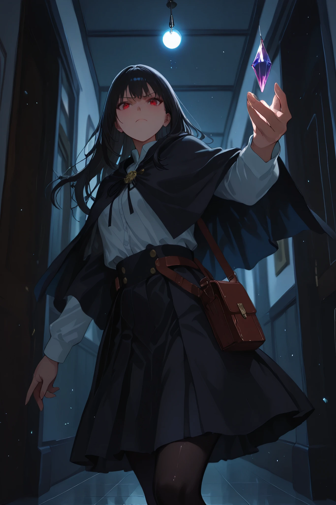 1girl ,from below ,low angle、Detailed hand,
Hand,Enchanting Eyes、
Perfect hand,from side, side view,cowboy shot,red eyes. pendulum.、Female Student Wearing a Cape。 MYSTERIOUS WOMAN 。nervous。serious、uniform。Female Psychic Mediator。 Arm outstretched in front.、knee-length skirt、。Inside the school in the middle of the night。Holding a crystal pendulum in hand。I'm dowsing with a pendulum。Night patrol。 black hair、long hair。medium skirt、 dark background、 night school hallway。anime style。 stretch your arms forward。black pantyhose、. crystal pendulum.hand, Anime art、hand,The pendulum is the light source、Dynamic Composition、Active Angle。
xss