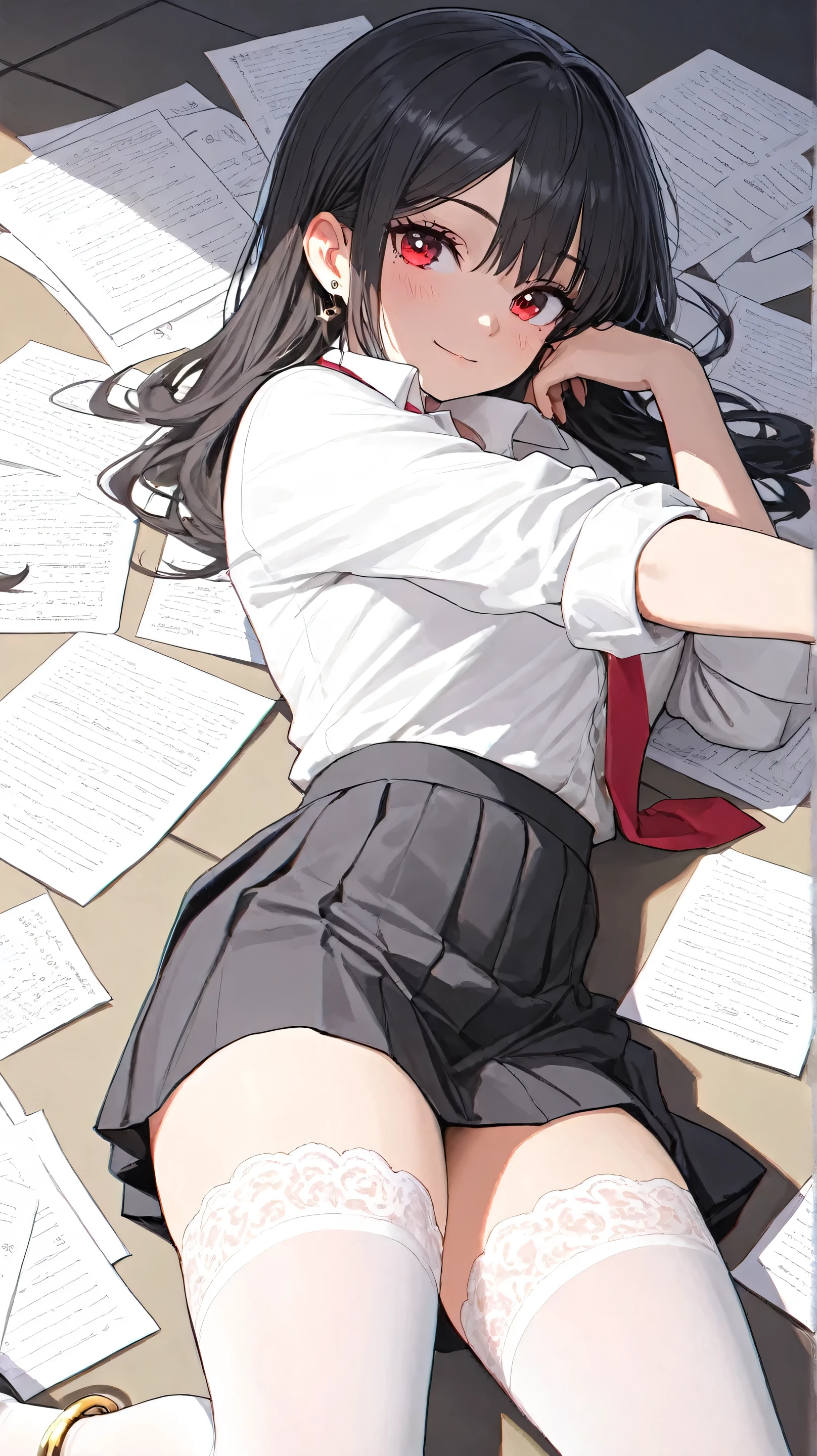 Masterpiece, Best Quality, Top Quality, Very Detailed, A stunning anime-style high school girl with long, wavy black hair and deep red eyes, lying seductively on a metallic surface. She wears a white button-up shirt with the sleeves rolled up, a red tie loosely hanging around her neck, and a short pleated black skirt. Her legs are elegantly posed, adorned with white thigh-high stockings with lace trim, and a pair of gold anklets. She has a confident, alluring expression with slightly flushed cheeks. The lighting is dramatic, casting soft shadows that enhance the realism. The background is slightly blurred, featuring scattered papers and a modern, industrial setting, creating a stylish and immersive atmosphere.
