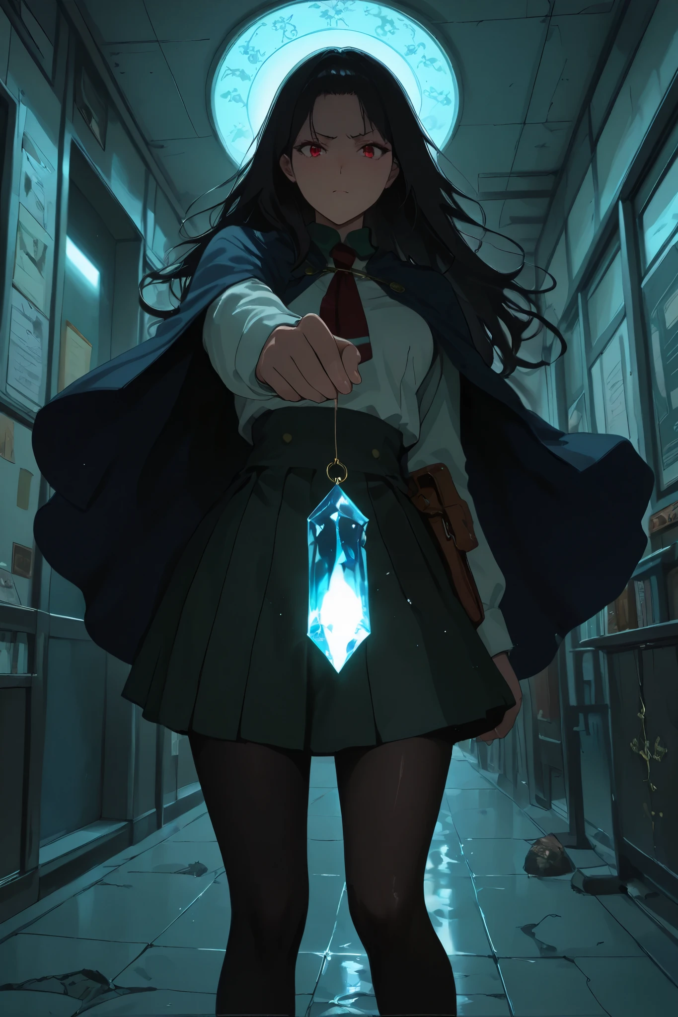 1girl ,from below ,low angle、Detailed hand,
Hand,Enchanting Eyes、
Perfect hand,from side, side view,cowboy shot,red eyes. pendulum.、Female Student Wearing a Cape。 MYSTERIOUS WOMAN 。nervous。serious、uniform。Female Psychic Mediator。 Arm outstretched in front.、knee-length skirt、。Inside the school in the middle of the night。Holding a crystal pendulum in hand。I'm dowsing with a pendulum。Night patrol。 black hair、long hair。medium skirt、 dark background、 night school hallway。anime style。 stretch your arms forward。black pantyhose、. crystal pendulum.hand, Anime art、hand,The pendulum is the light source、Dynamic Composition、Active Angle。
xss