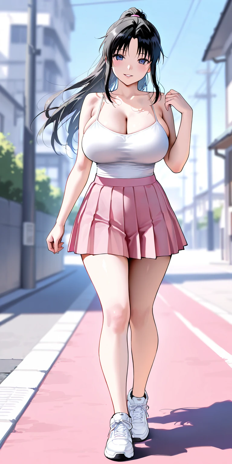 anime style: Kimi no Koto ga Dai Dai Dai Dai Daisuki na 100-nin no Kanojo, symmetrical face, white woman and light brown hair, young woman of 1, very realistic anime, a slave woman from ancient Egypt with a crop top period linen, short tight miniskirt, body similar to Priscilla Ricart, walking to the bank of the Nile River with very short clothing thin and light as air, very sexy and seductive girl, 38D cup breasts, with facial details and intricate realistic elements, random angle, ass view, nsfw