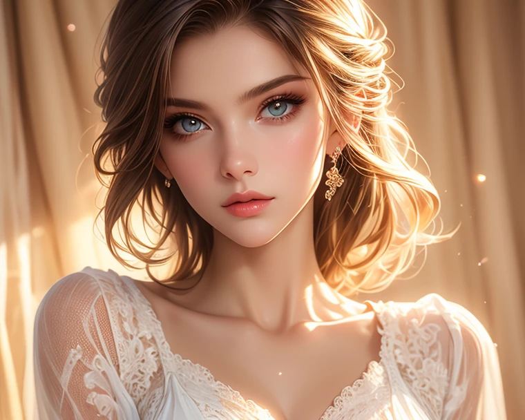 Best quality, masterpiece, ultra high res, raw photo, (perfect body shape), 1girl in Sexy half-cup bra, lace decoration, ultra-thin, French style, for women ,detailed face, blond hair, waist up, solo , beautiful belly breast , large breast , full body shot , art nouveau background,