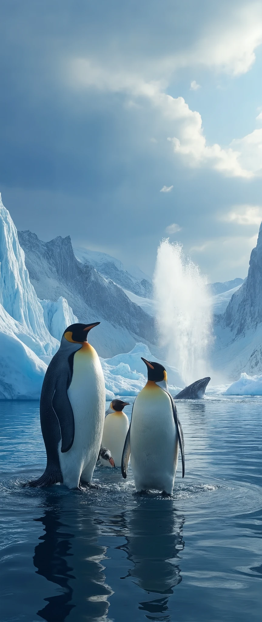 high-resolution images、creative images of Antarctic glaciers、giant penguin parents and rens sunbathing in Antarctic glaciers、whales blowing tide in Antarctic waters、under a dramatic blue sky((masterpiece))、Slightly rough ocean、Windless day、Scenery seen from a ship 。