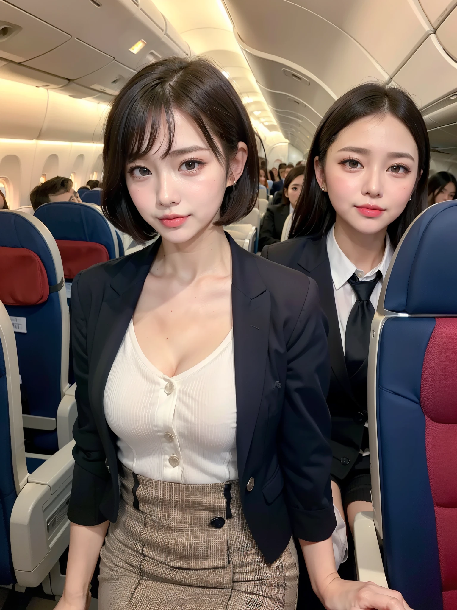 ((masterpiece, Highest quality)), Beautiful women from Cleavage :1.55, Cleavage:1.55,(brown〜Black Hair, Bob Hairstyle, Square face), (Big Breasts:1.5), (Natural Skin), foot, (Super short airline stewardess uniform:1.3), (Seductive look:1.2), Airplane cabin background, (超High resolution, 8k wallpaper, High resolution), Cinema Lighting, Physically Based Rendering, Award-winning, Highly detailed skin, Highly detailed face, High Detail Eyes, Carl Zeiss 85mm F/1.4, by Ellen von Unwerth