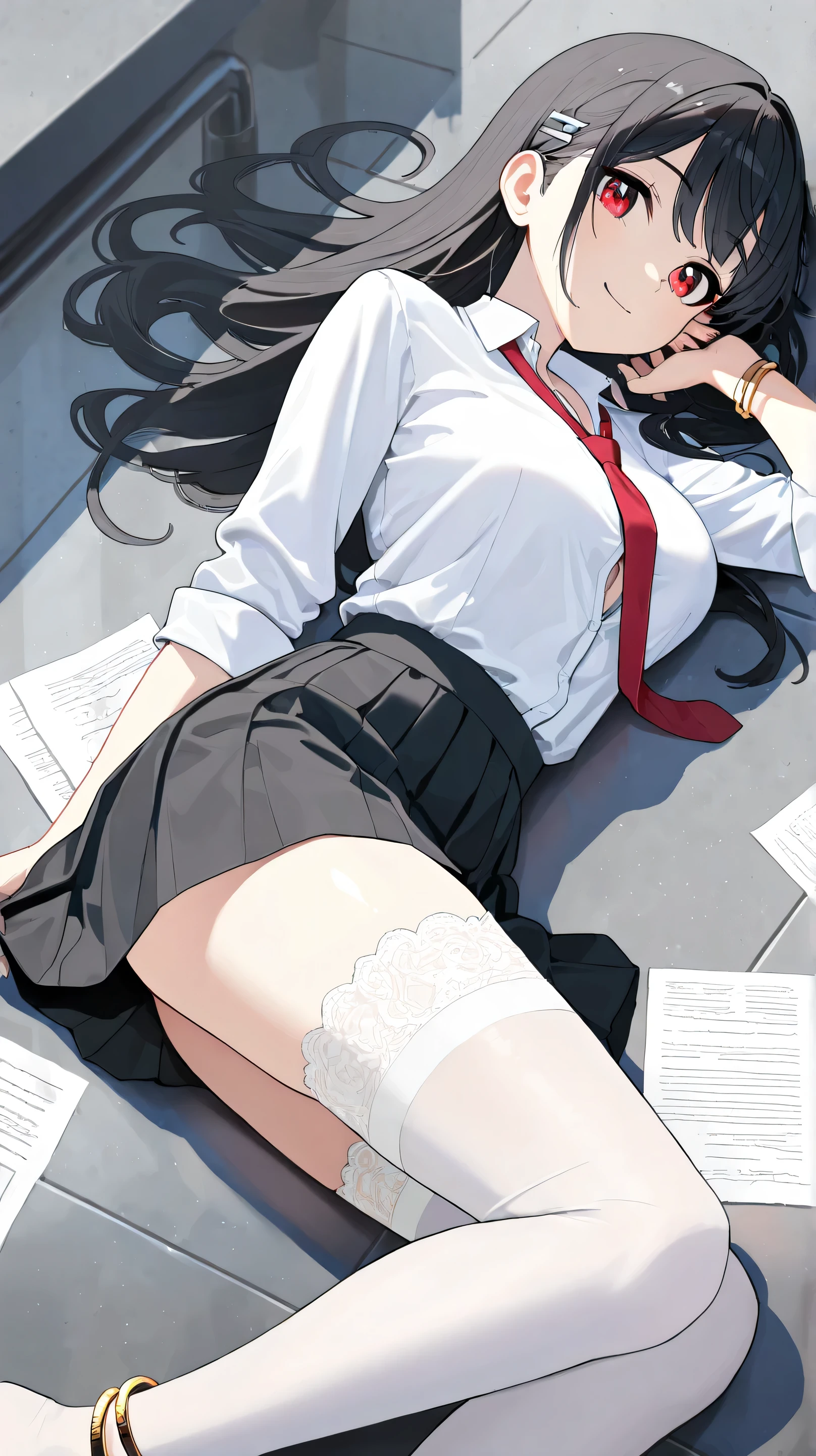 Masterpiece, Best Quality, Top Quality, Very Detailed, A stunning anime-style high school girl with long, wavy black hair and deep red eyes, lying seductively on a metallic surface. She wears a white button-up shirt with the sleeves rolled up, a red tie loosely hanging around her neck, and a short pleated black skirt. Her legs are elegantly posed, adorned with white thigh-high stockings with lace trim, and a pair of gold anklets. She has a confident, alluring expression with slightly flushed cheeks. The lighting is dramatic, casting soft shadows that enhance the realism. The background is slightly blurred, featuring scattered papers and a modern, industrial setting, creating a stylish and immersive atmosphere.