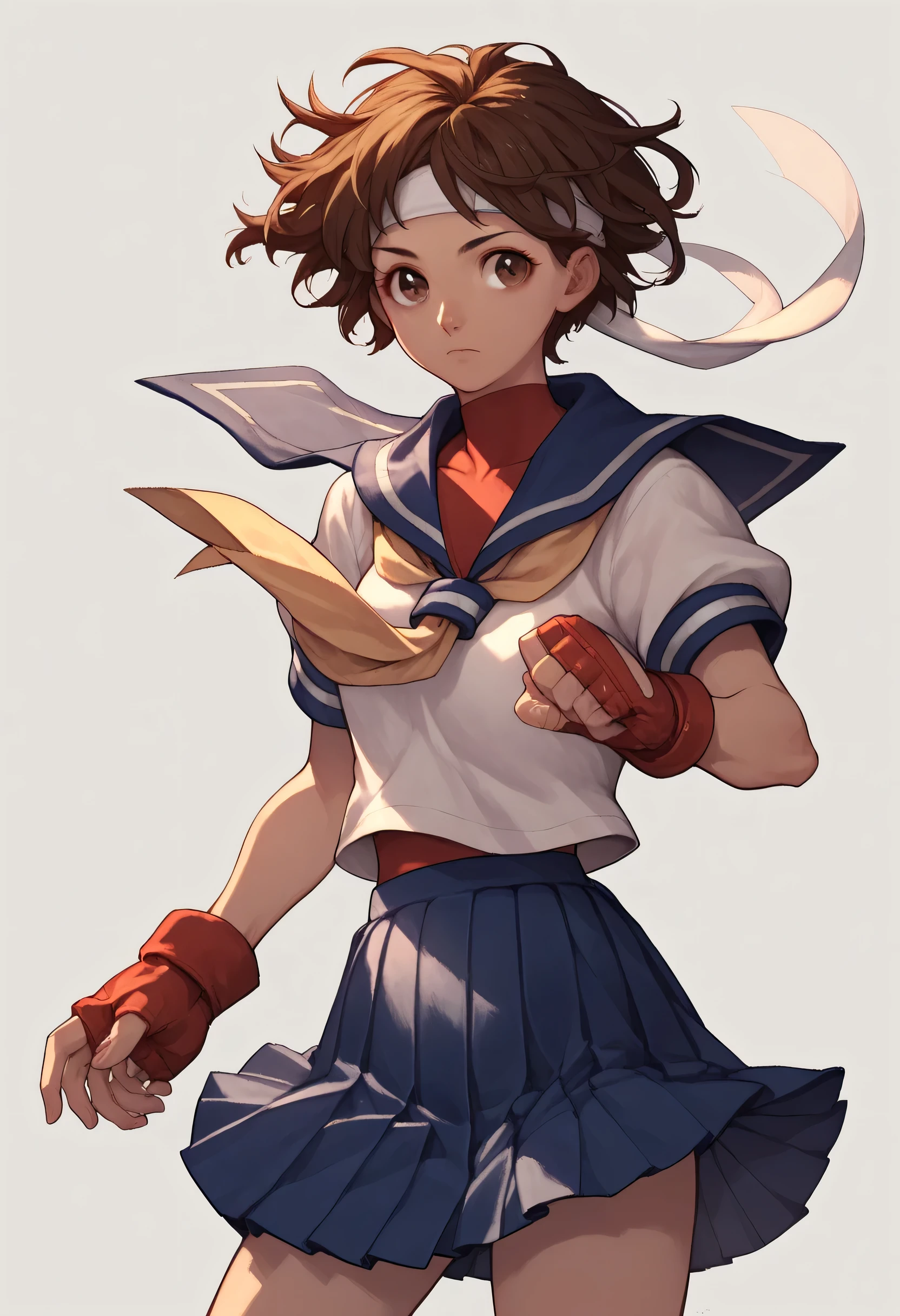 score_9, score_8_up, score_7_up, 1girl, solo, s4kur4, brown hair, short hair, brown eyes, headband, blue sailor collar, school uniform, serafuku, gloves, fingerless gloves, pleated skirt