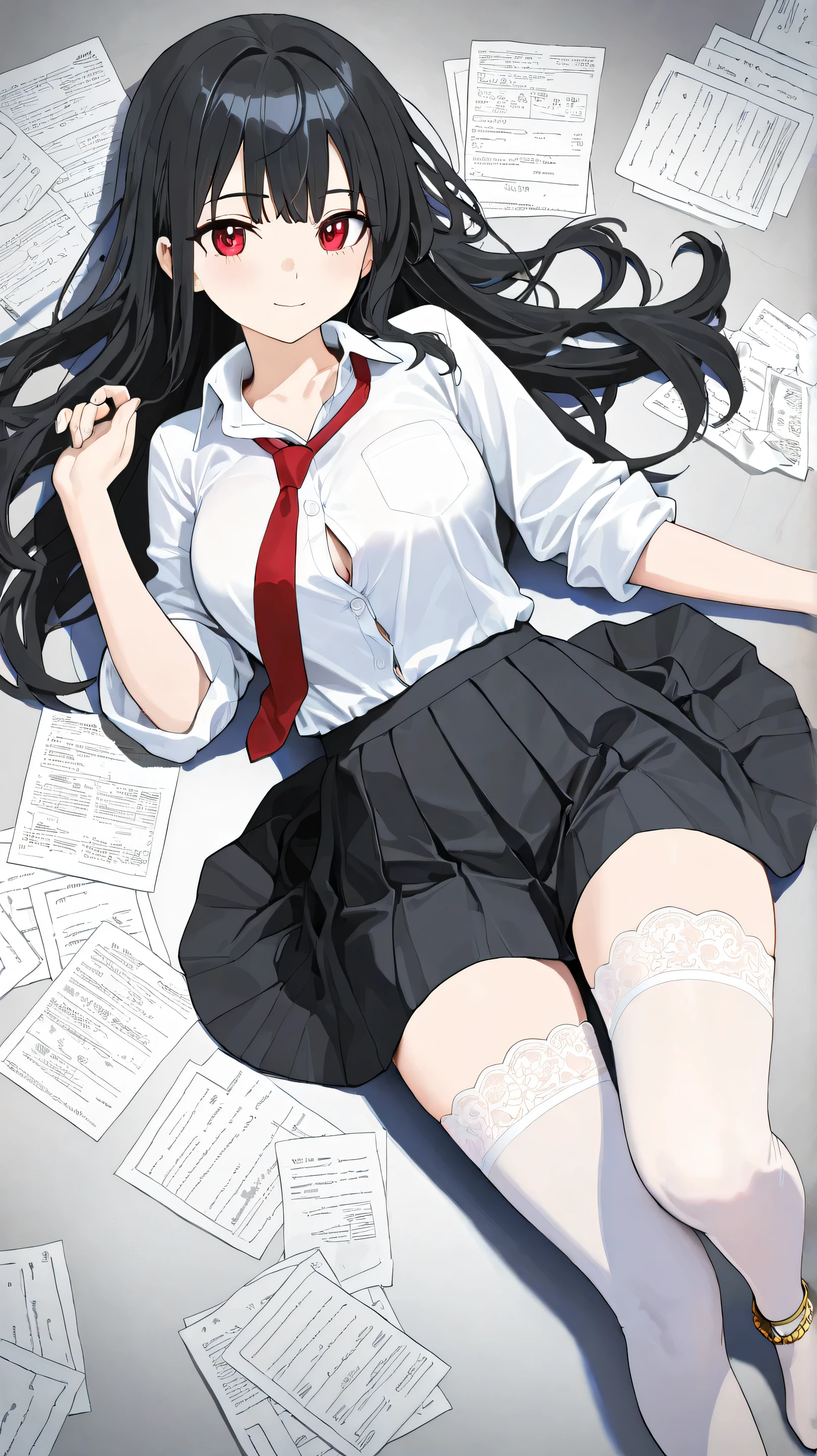 Masterpiece, Best Quality, Top Quality, Very Detailed, A stunning anime-style high school girl with long, wavy black hair and deep red eyes, lying seductively on a metallic surface. She wears a white button-up shirt with the sleeves rolled up, a red tie loosely hanging around her neck, and a short pleated black skirt. Her legs are elegantly posed, adorned with white thigh-high stockings with lace trim, and a pair of gold anklets. She has a confident, alluring expression with slightly flushed cheeks. The lighting is dramatic, casting soft shadows that enhance the realism. The background is slightly blurred, featuring scattered papers and a modern, industrial setting, creating a stylish and immersive atmosphere.
