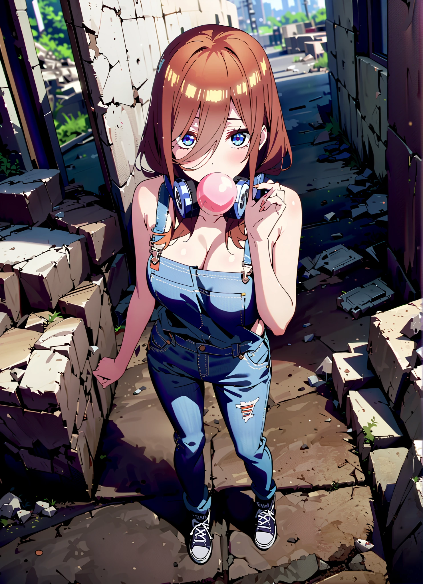 score_9, score_8_up, score_7_up, source_anime, Nakano Future, long hair, bangs, blue eyes, brown hair, o, headphones , headphones around neck, Big Breasts,sideboom,naked overalls, denim jeans,Sneakers,standing,Blowing bubble gum,rubble,full bodyがillustrationsに入るように, break outdoors,ruins,
break looking at viewer,full body,
break (masterpiece:1.2), Best Quality, Hi-Res, Unity 8K Wallpaper , (illustrations:0.8), (Beautiful Detailed Eyes:1.6), very detailed face, perfect lighting, highly detailed CG, (perfect hand, perfect anatomy),