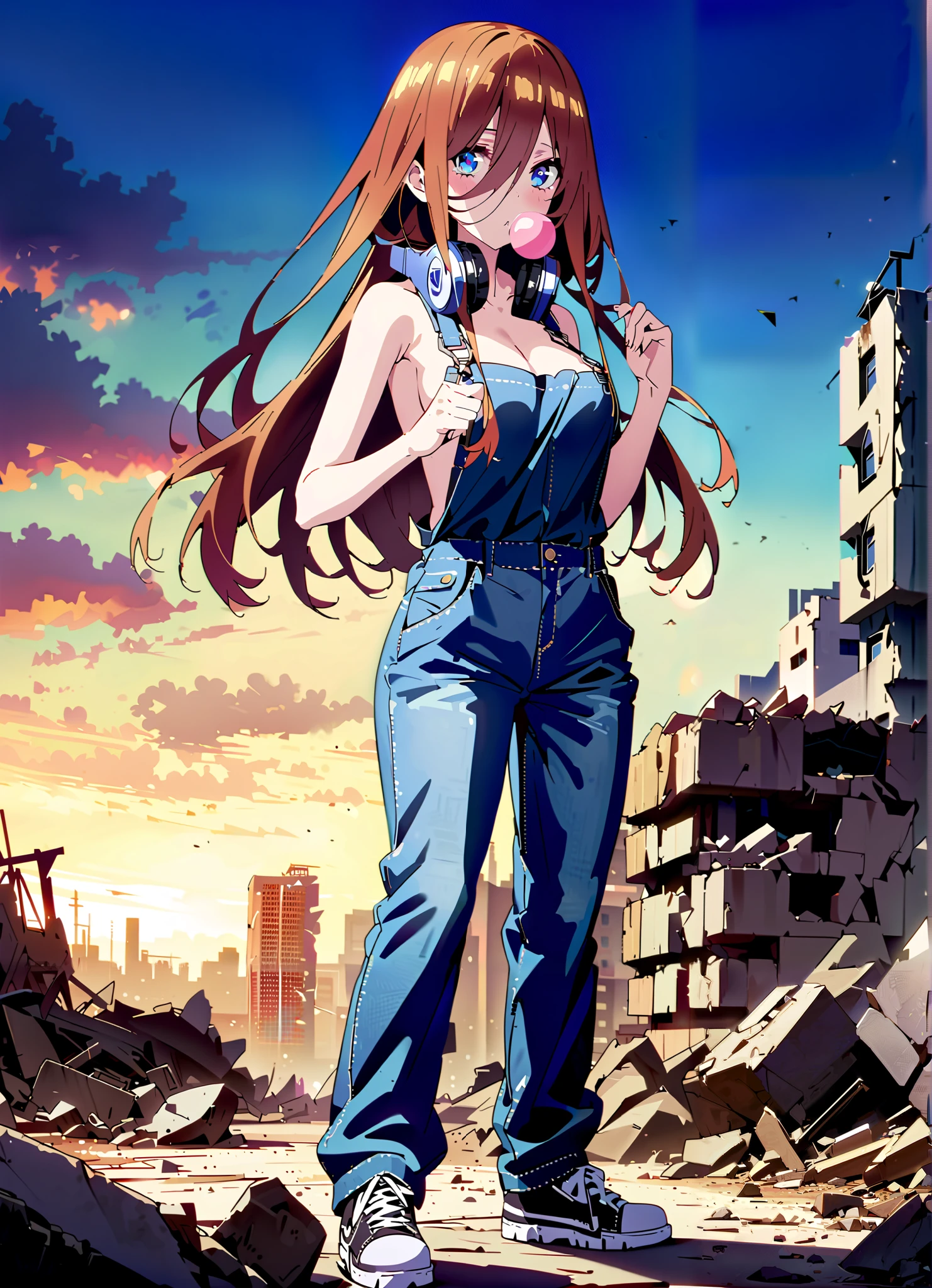 score_9, score_8_up, score_7_up, source_anime, Nakano Future, long hair, bangs, blue eyes, brown hair, o, headphones , headphones around neck, Big Breasts,sideboom,naked overalls, denim jeans,Sneakers,standing,Blowing bubble gum,rubble,full bodyがillustrationsに入るように, break outdoors,ruins,
break looking at viewer,full body,
break (masterpiece:1.2), Best Quality, Hi-Res, Unity 8K Wallpaper , (illustrations:0.8), (Beautiful Detailed Eyes:1.6), very detailed face, perfect lighting, highly detailed CG, (perfect hand, perfect anatomy),