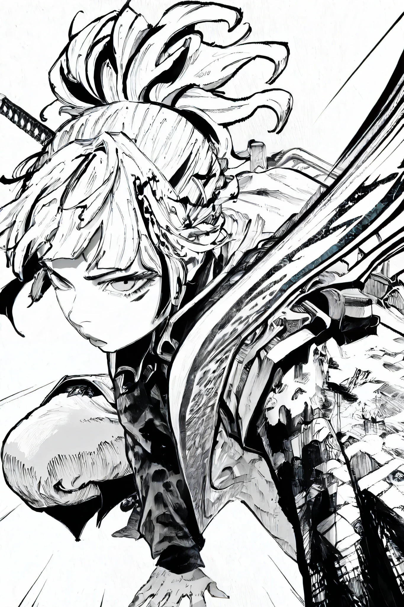HDR, 8K, high contrast, masterpiece, best quality, amazing quality, very aesthetic, anime artstyle, realistic, hentai art, newest,
BREAK
bounce light, hyperdetailed, detailed hair strands, detailed fibers, monochrome, greyscale, line art, manga, Kentaro Miura, doinau
masterpiece, semi-realism, hyper detailed hatching,
foreshortening, perspective, dynamic angle, dynamic perspective angle, very aesthetic, Dynamic pose, white background,
1girl, holding katana, Katana on shoulder, lookng up at viewer, high angle, sheathe, looking to side, bun hairstyle, white hair, (back to viewer: 1.0), greyscale, monochrome,